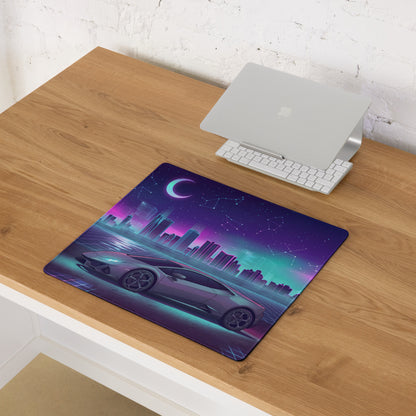 Lamborghini Huracán EVO Inspired Silver Purple Vaporwave Gaming Mouse Pad – Neon Celestial City Desk Mat with Retro Futuristic Skyline Art