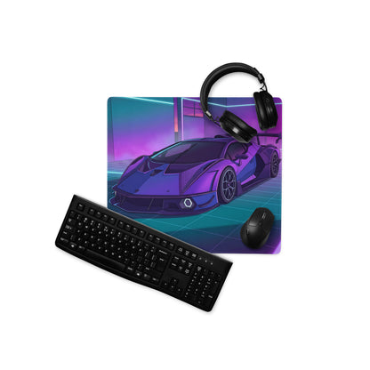 Lamborghini SC18 Alston Inspired Purple Blue Vaporwave Gaming Mouse Pad – Neon Cyberpunk Garage Desk Mat with Retro Futuristic Supercar Art