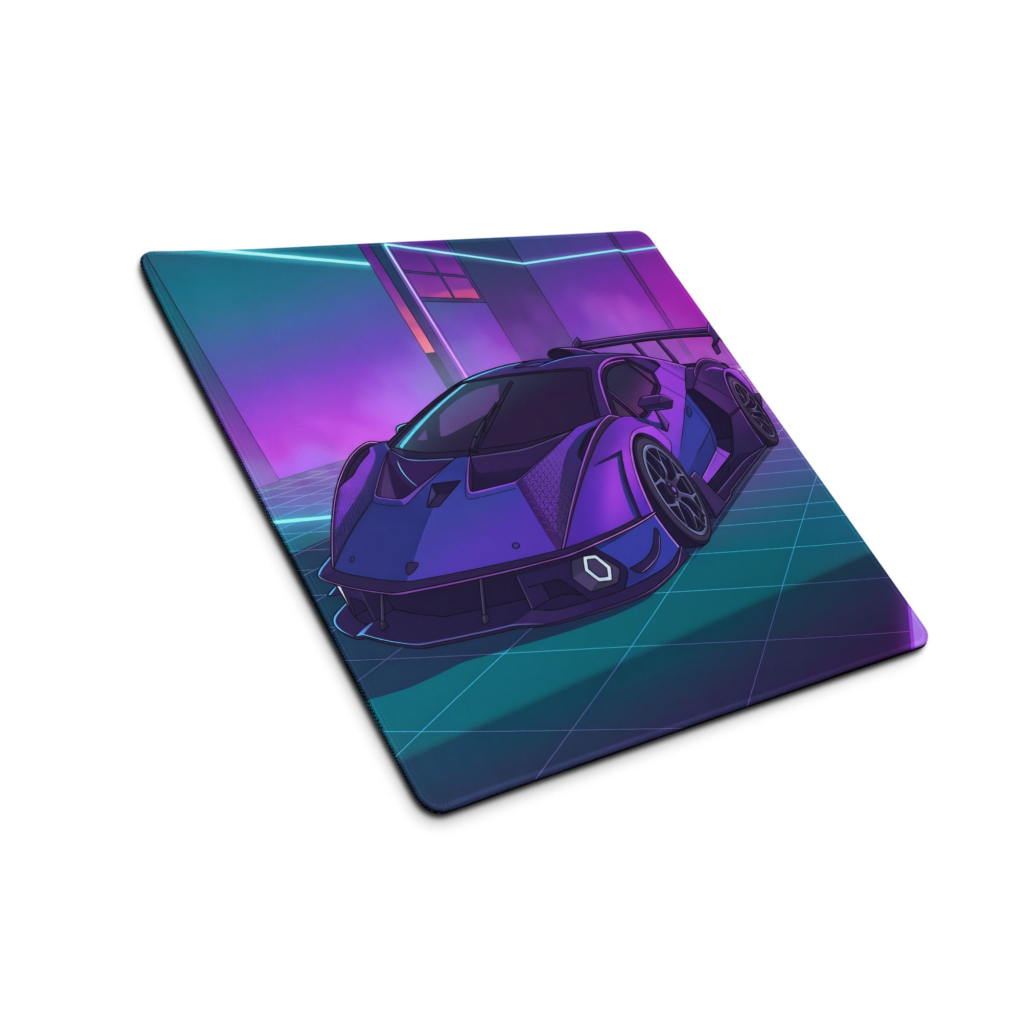 Lamborghini SC18 Alston Inspired Purple Blue Vaporwave Gaming Mouse Pad – Neon Cyberpunk Garage Desk Mat with Retro Futuristic Supercar Art