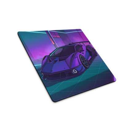 Lamborghini SC18 Alston Inspired Purple Blue Vaporwave Gaming Mouse Pad – Neon Cyberpunk Garage Desk Mat with Retro Futuristic Supercar Art