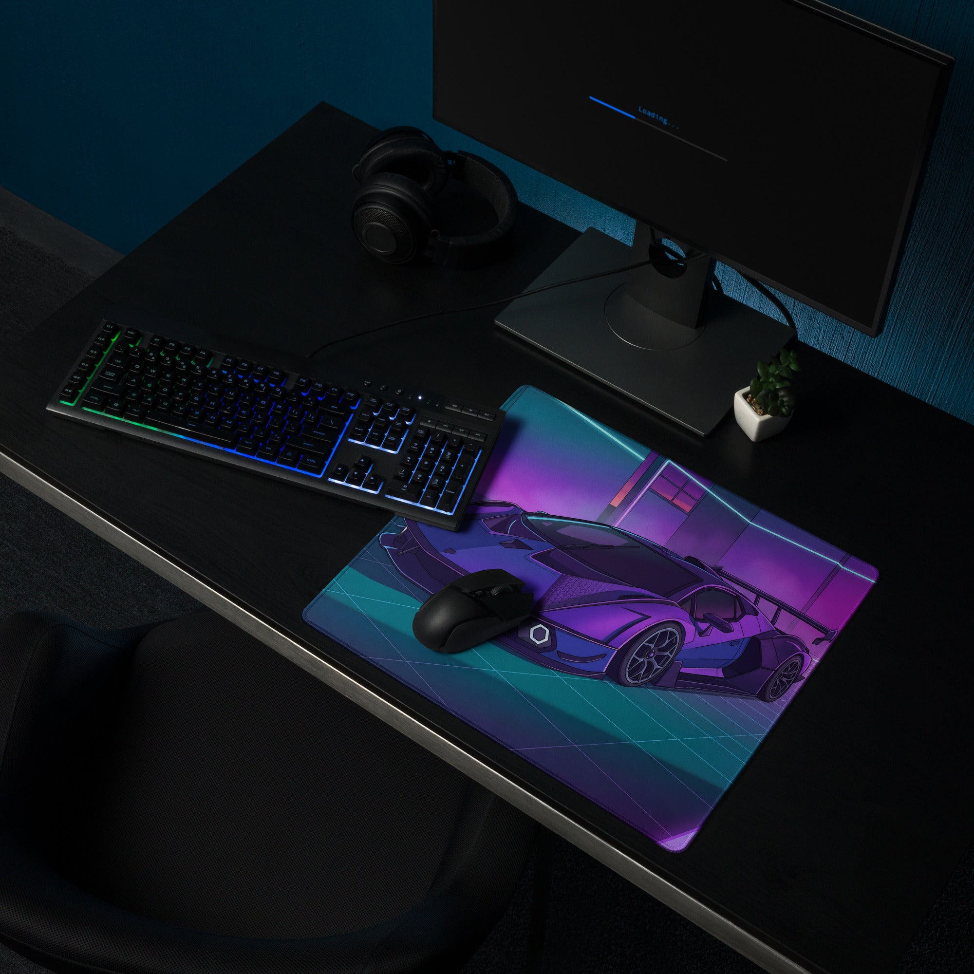 Lamborghini SC18 Alston Inspired Purple Blue Vaporwave Gaming Mouse Pad – Neon Cyberpunk Garage Desk Mat with Retro Futuristic Supercar Art