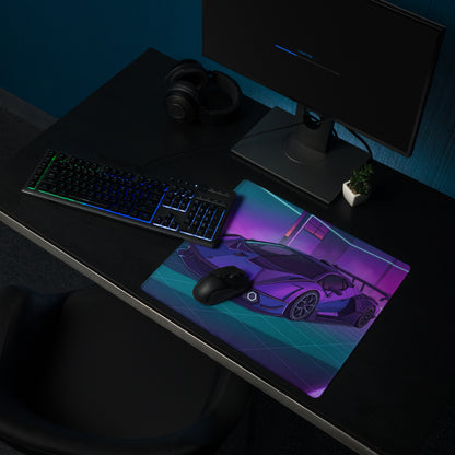 Lamborghini SC18 Alston Inspired Purple Blue Vaporwave Gaming Mouse Pad – Neon Cyberpunk Garage Desk Mat with Retro Futuristic Supercar Art