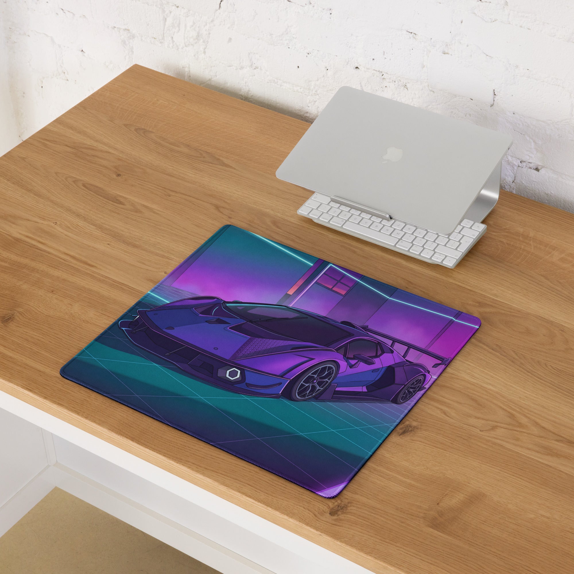Lamborghini SC18 Alston Inspired Purple Blue Vaporwave Gaming Mouse Pad – Neon Cyberpunk Garage Desk Mat with Retro Futuristic Supercar Art