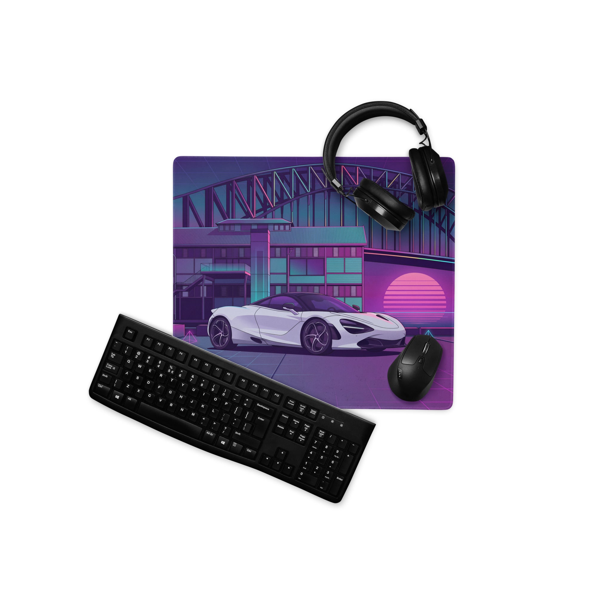 McLaren 720S Inspired White Purple Vaporwave Gaming Mouse Pad – Neon Sydney Harbour Bridge Desk Mat with Retro Futuristic Synthwave City Art