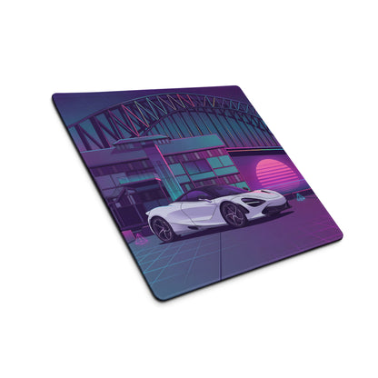 McLaren 720S Inspired White Purple Vaporwave Gaming Mouse Pad – Neon Sydney Harbour Bridge Desk Mat with Retro Futuristic Synthwave City Art