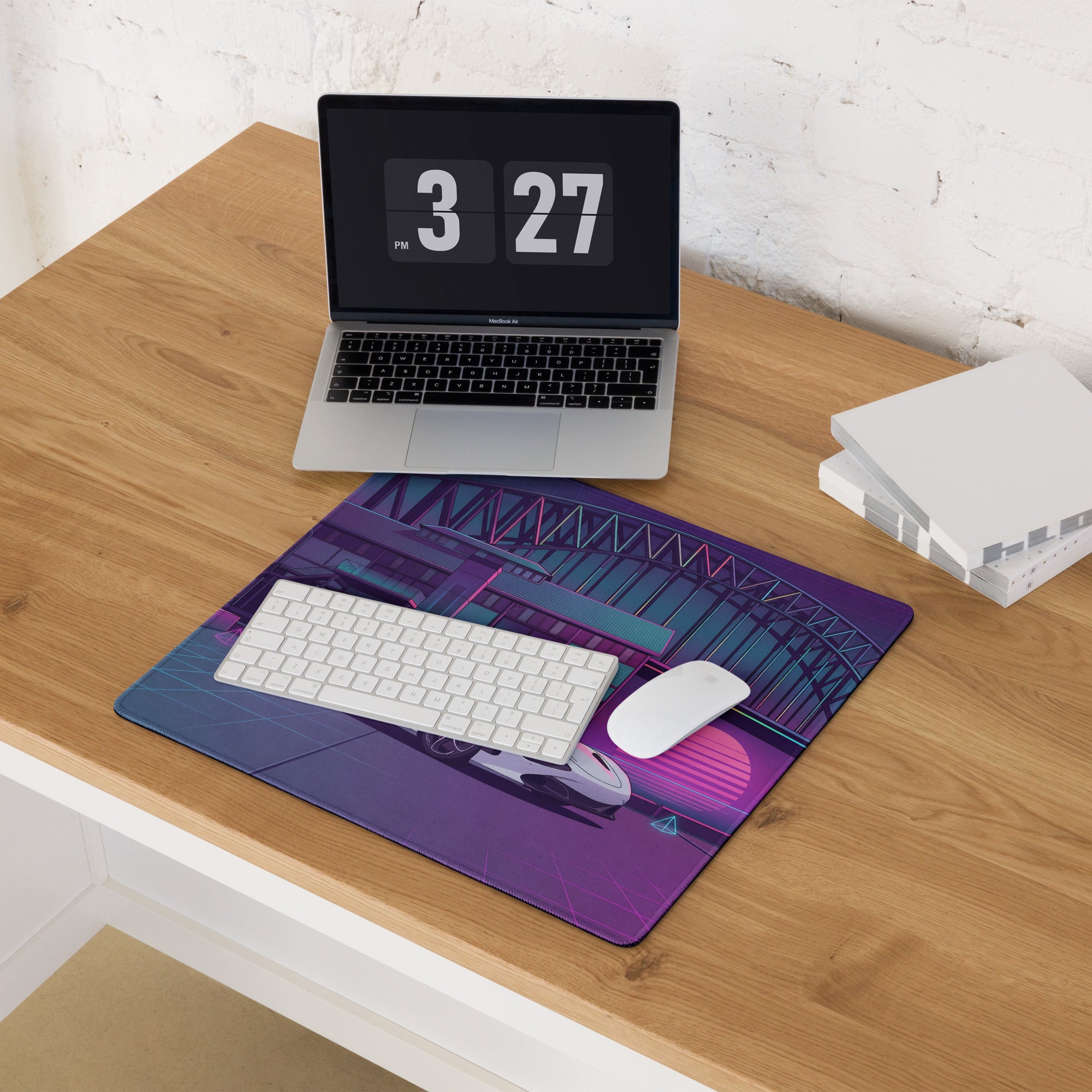 McLaren 720S Inspired White Purple Vaporwave Gaming Mouse Pad – Neon Sydney Harbour Bridge Desk Mat with Retro Futuristic Synthwave City Art