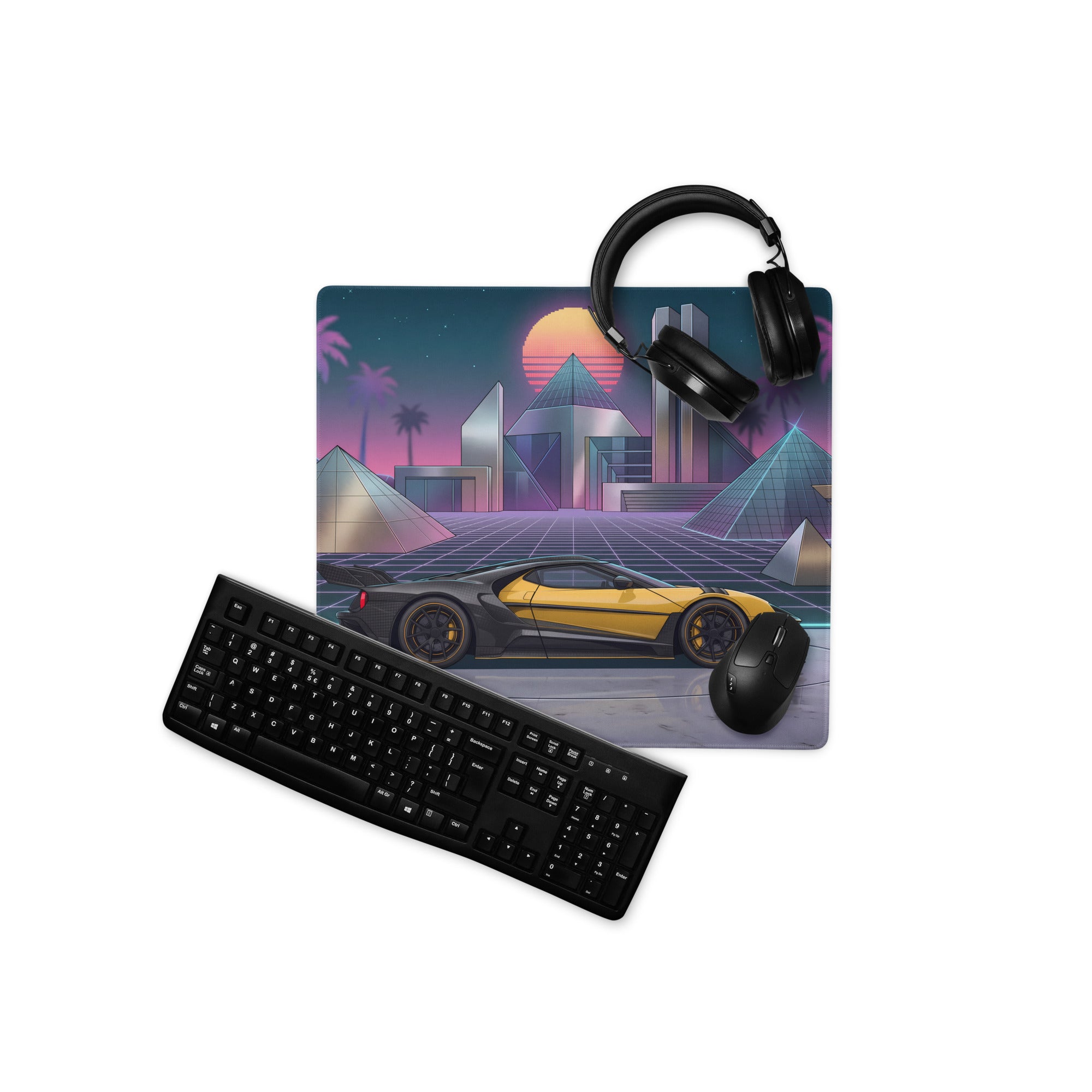 Ford GT Mk II Inspired Yellow Black Vaporwave Gaming Mouse Pad – Neon Futuristic Pyramid City Desk Mat with Retro Synthwave Cyberpunk Art