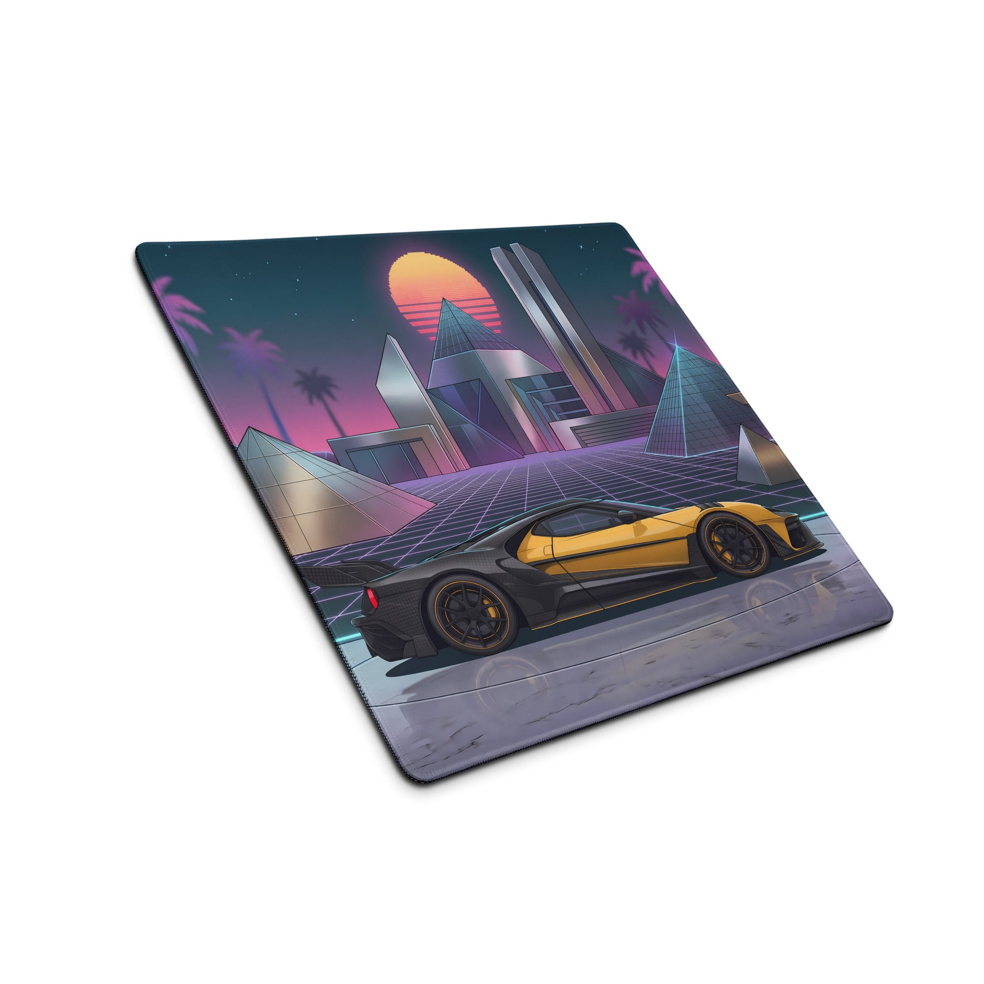 Ford GT Mk II Inspired Yellow Black Vaporwave Gaming Mouse Pad – Neon Futuristic Pyramid City Desk Mat with Retro Synthwave Cyberpunk Art