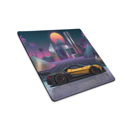 Ford GT Mk II Inspired Yellow Black Vaporwave Gaming Mouse Pad – Neon Futuristic Pyramid City Desk Mat with Retro Synthwave Cyberpunk Art