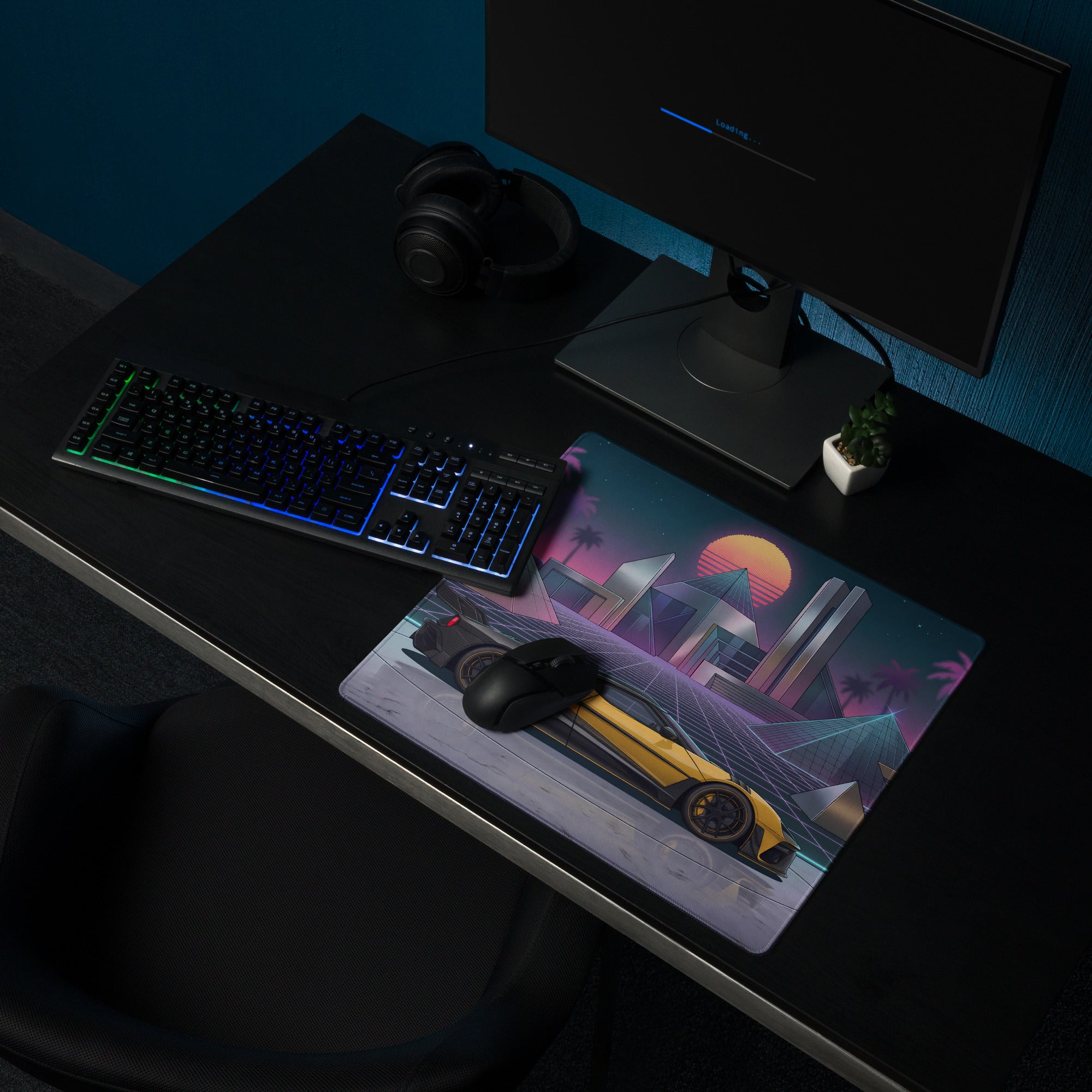 Ford GT Mk II Inspired Yellow Black Vaporwave Gaming Mouse Pad – Neon Futuristic Pyramid City Desk Mat with Retro Synthwave Cyberpunk Art