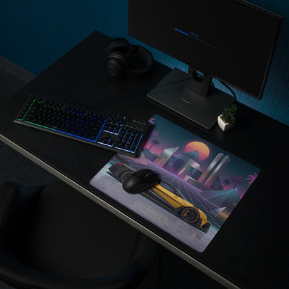 Ford GT Mk II Inspired Yellow Black Vaporwave Gaming Mouse Pad – Neon Futuristic Pyramid City Desk Mat with Retro Synthwave Cyberpunk Art