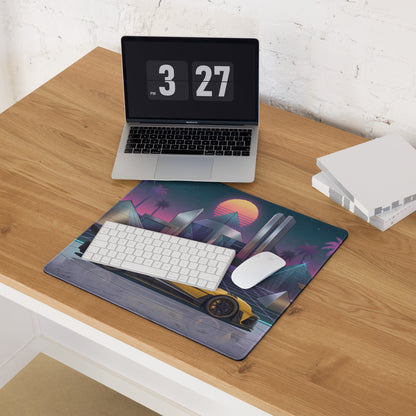 Ford GT Mk II Inspired Yellow Black Vaporwave Gaming Mouse Pad – Neon Futuristic Pyramid City Desk Mat with Retro Synthwave Cyberpunk Art