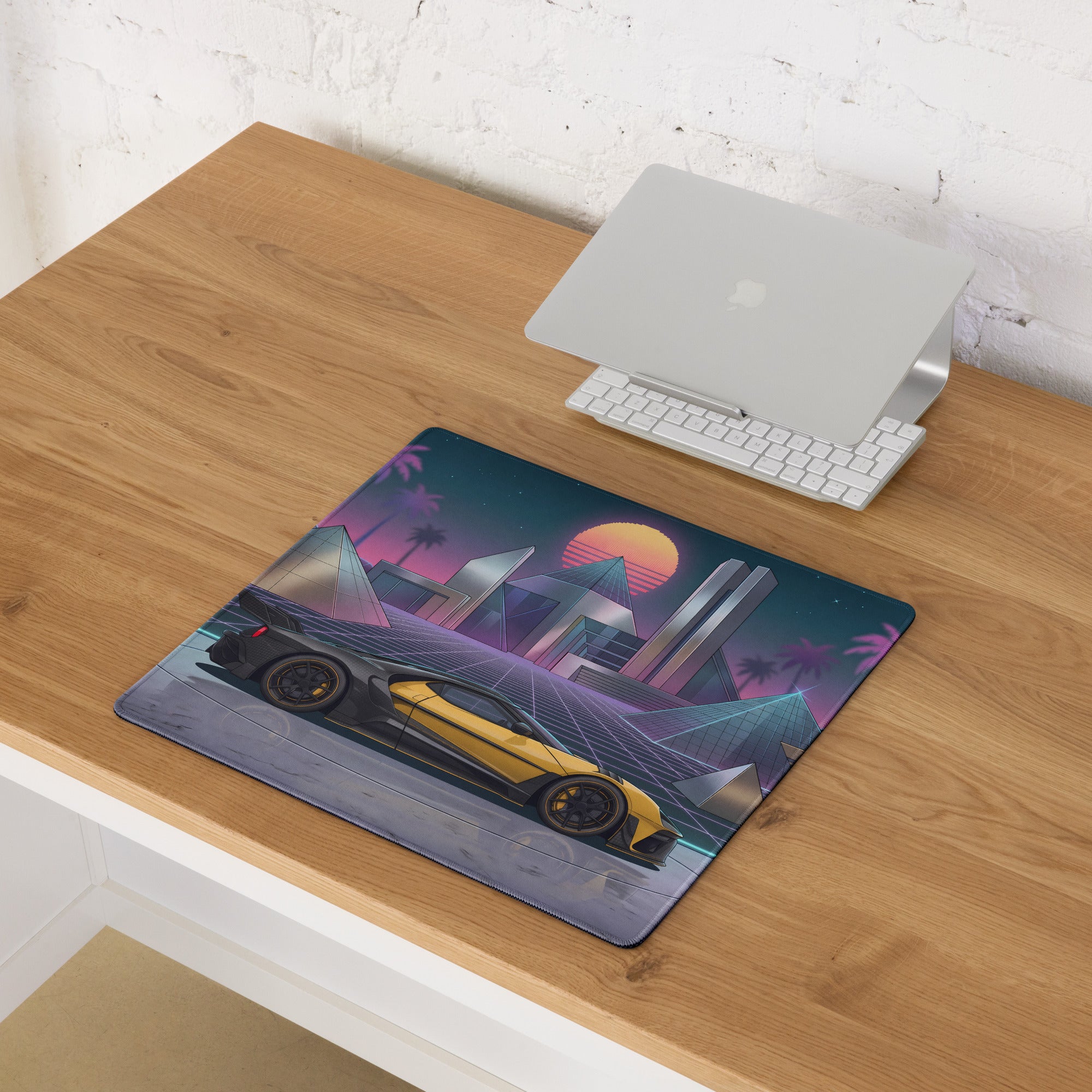 Ford GT Mk II Inspired Yellow Black Vaporwave Gaming Mouse Pad – Neon Futuristic Pyramid City Desk Mat with Retro Synthwave Cyberpunk Art