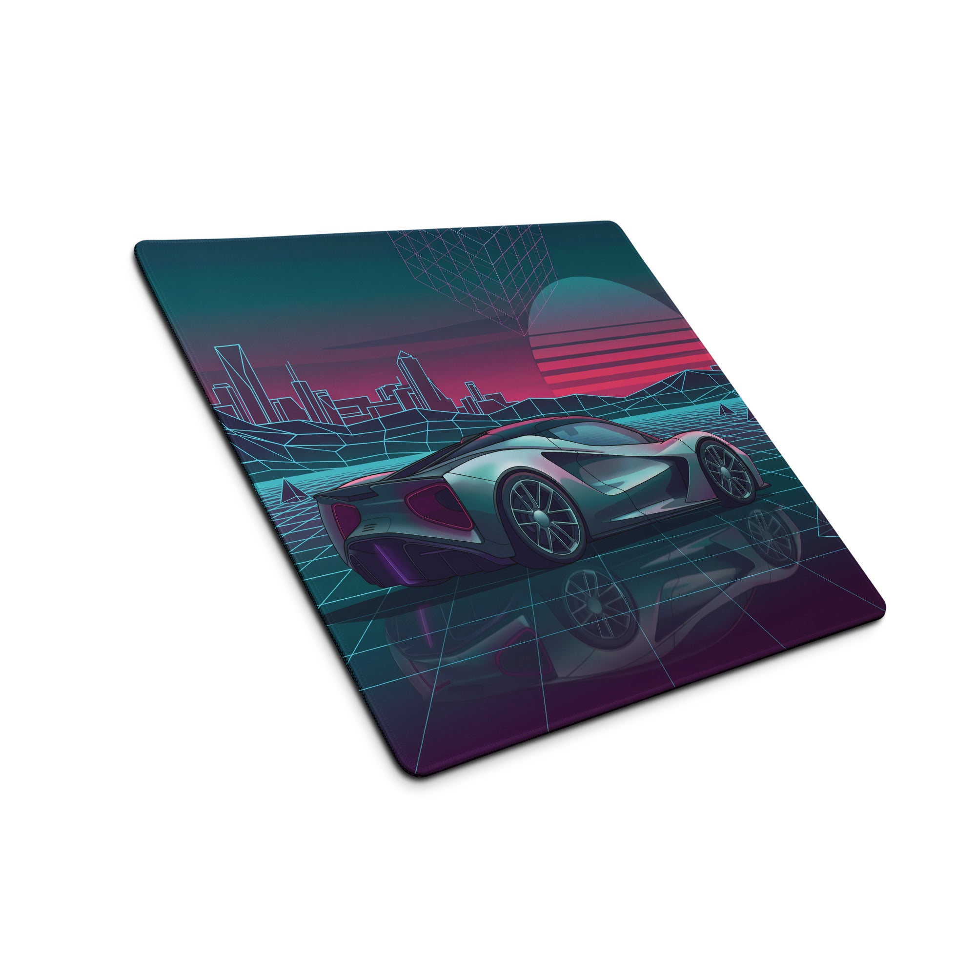 Lotus Evija Inspired Silver Teal Vaporwave Gaming Mouse Pad – Neon Retro Futuristic City Grid Desk Mat with Synthwave Sunset Cyberpunk Art