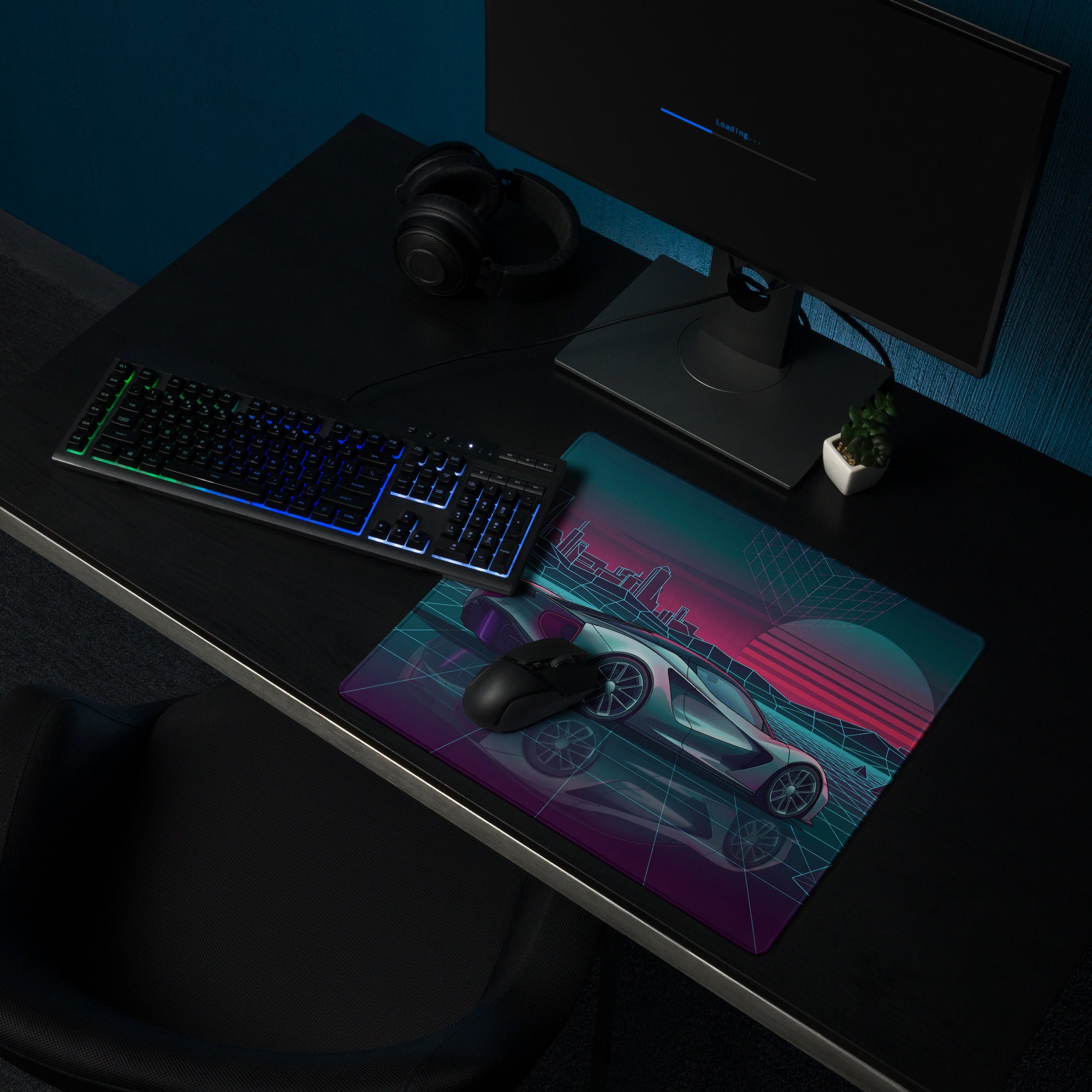 Lotus Evija Inspired Silver Teal Vaporwave Gaming Mouse Pad – Neon Retro Futuristic City Grid Desk Mat with Synthwave Sunset Cyberpunk Art