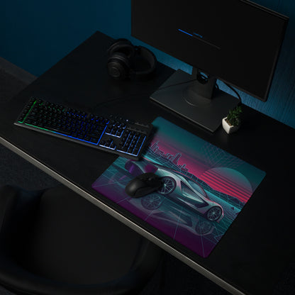 Lotus Evija Inspired Silver Teal Vaporwave Gaming Mouse Pad – Neon Retro Futuristic City Grid Desk Mat with Synthwave Sunset Cyberpunk Art