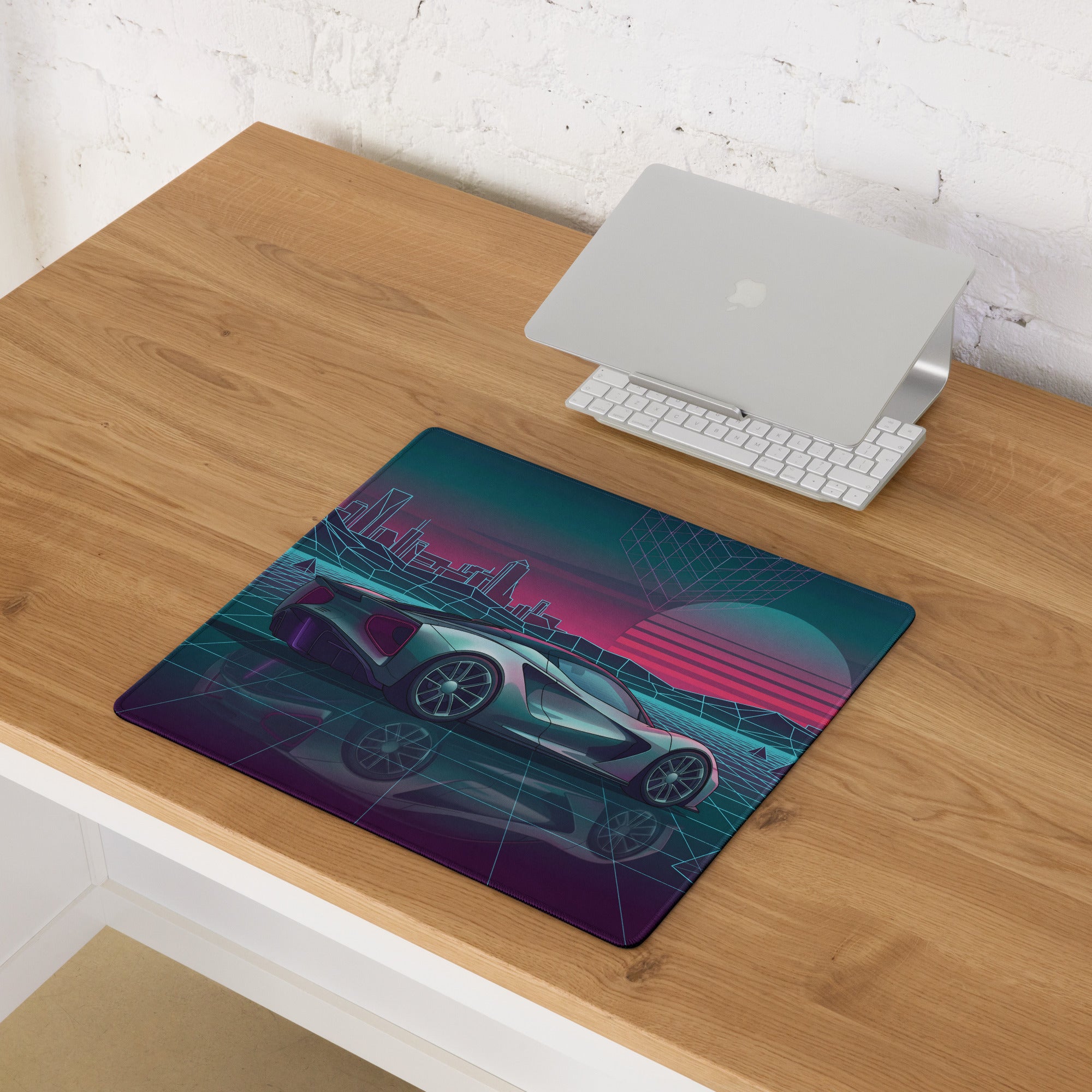 Lotus Evija Inspired Silver Teal Vaporwave Gaming Mouse Pad – Neon Retro Futuristic City Grid Desk Mat with Synthwave Sunset Cyberpunk Art