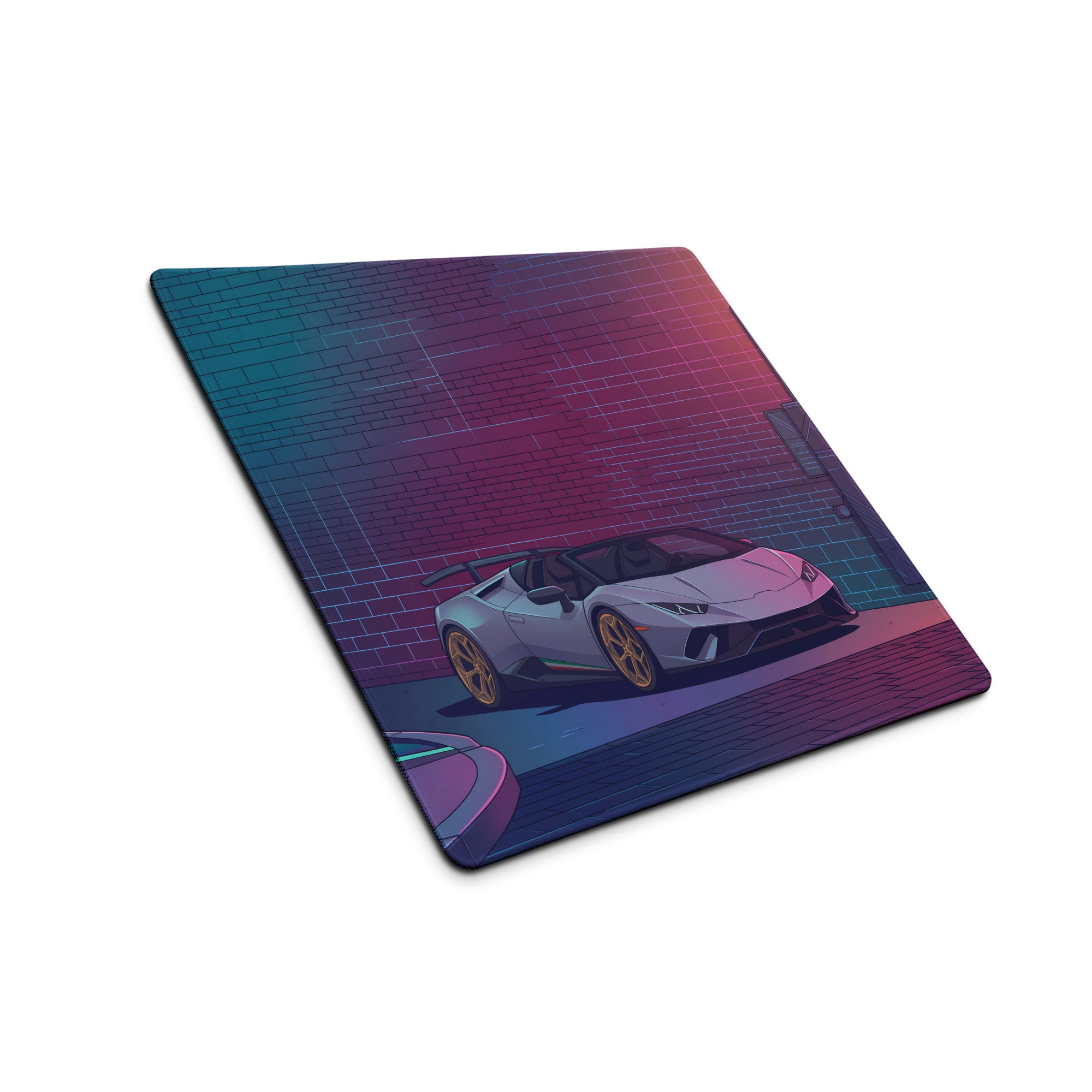 Lamborghini Huracán STO Inspired White Gold Vaporwave Gaming Mouse Pad – Neon Cyberpunk Alley Desk Mat with Retro Futuristic Synthwave Art