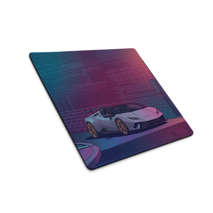 Lamborghini Huracán STO Inspired White Gold Vaporwave Gaming Mouse Pad – Neon Cyberpunk Alley Desk Mat with Retro Futuristic Synthwave Art