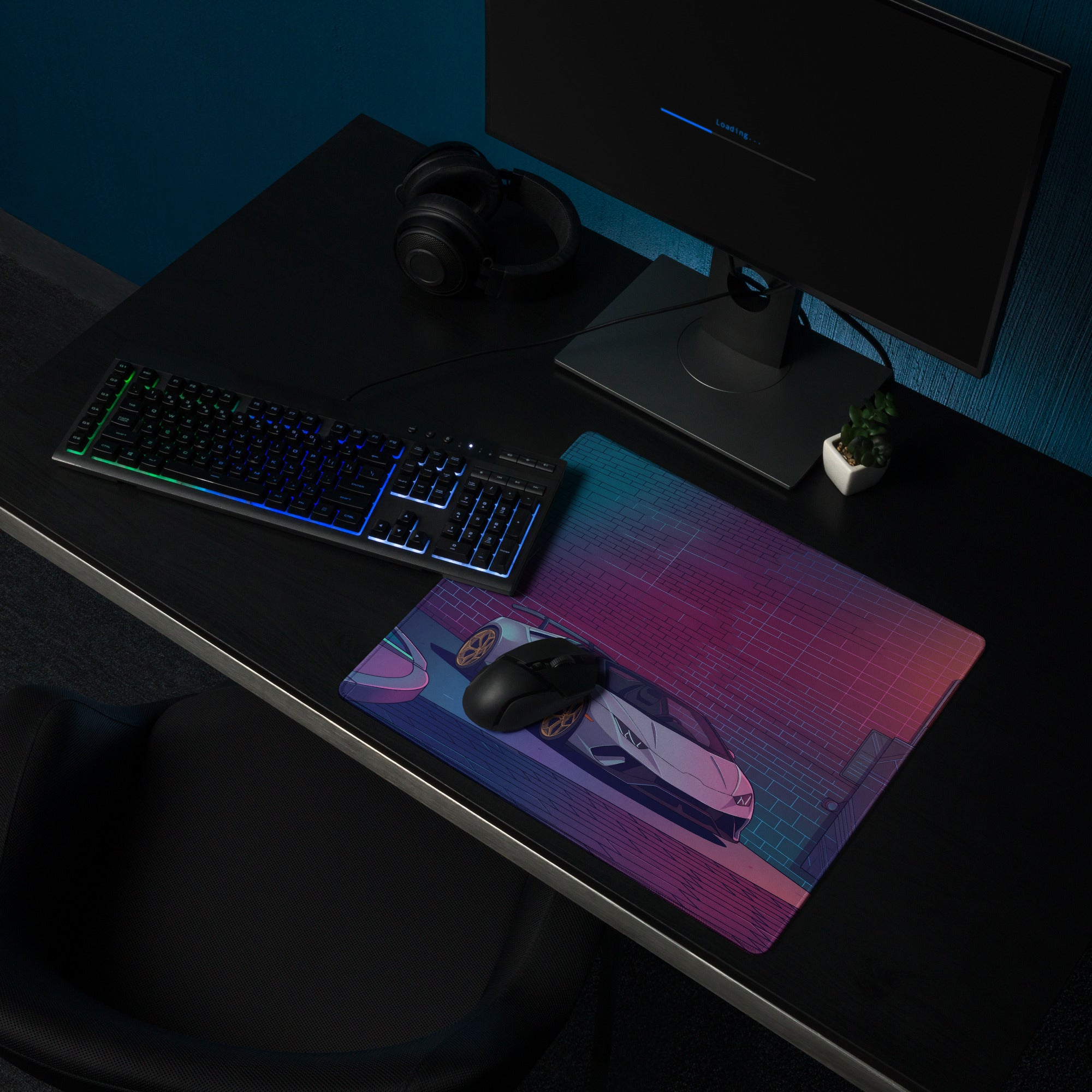Lamborghini Huracán STO Inspired White Gold Vaporwave Gaming Mouse Pad – Neon Cyberpunk Alley Desk Mat with Retro Futuristic Synthwave Art