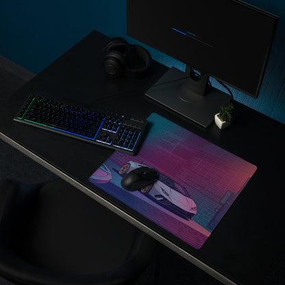 Lamborghini Huracán STO Inspired White Gold Vaporwave Gaming Mouse Pad – Neon Cyberpunk Alley Desk Mat with Retro Futuristic Synthwave Art