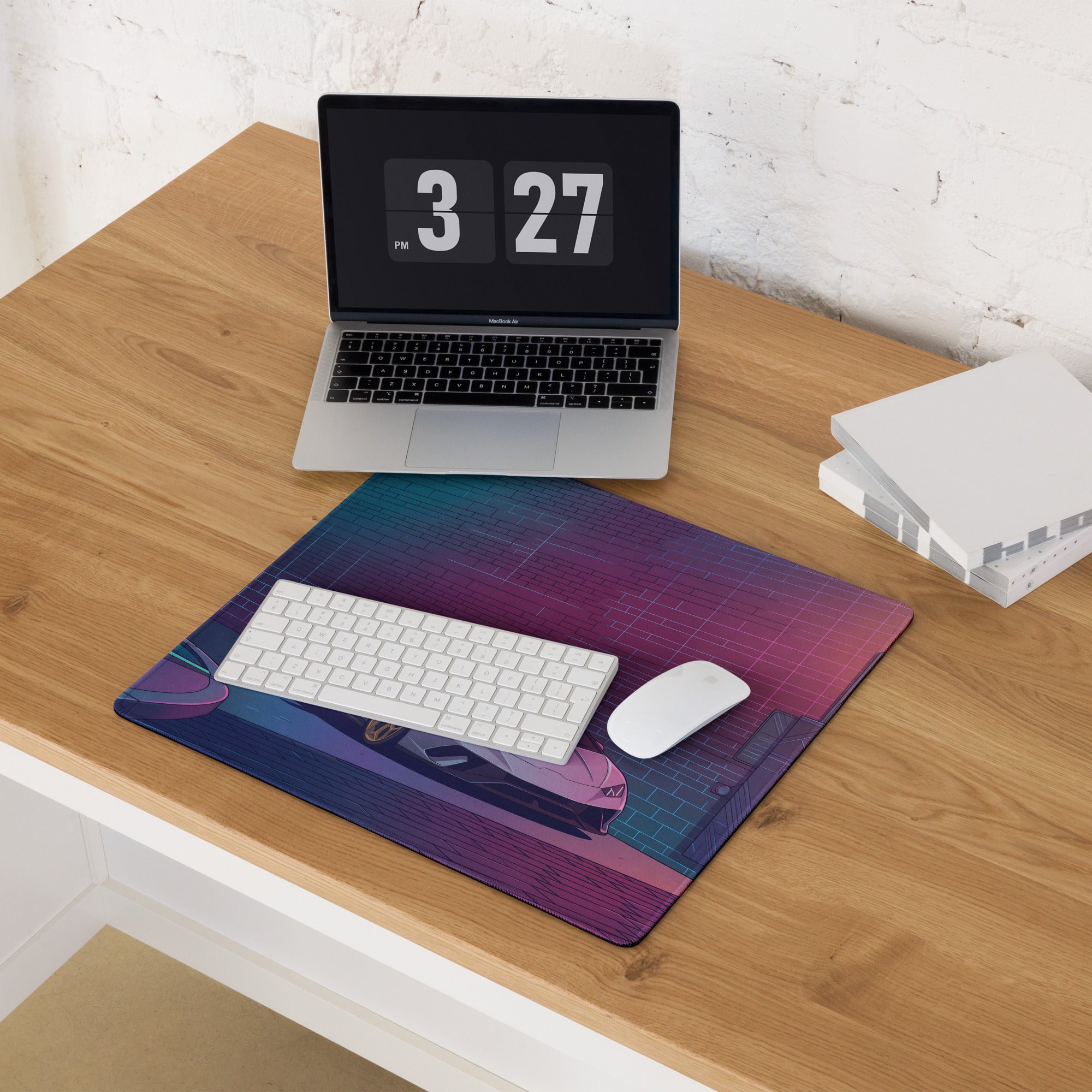 Lamborghini Huracán STO Inspired White Gold Vaporwave Gaming Mouse Pad – Neon Cyberpunk Alley Desk Mat with Retro Futuristic Synthwave Art
