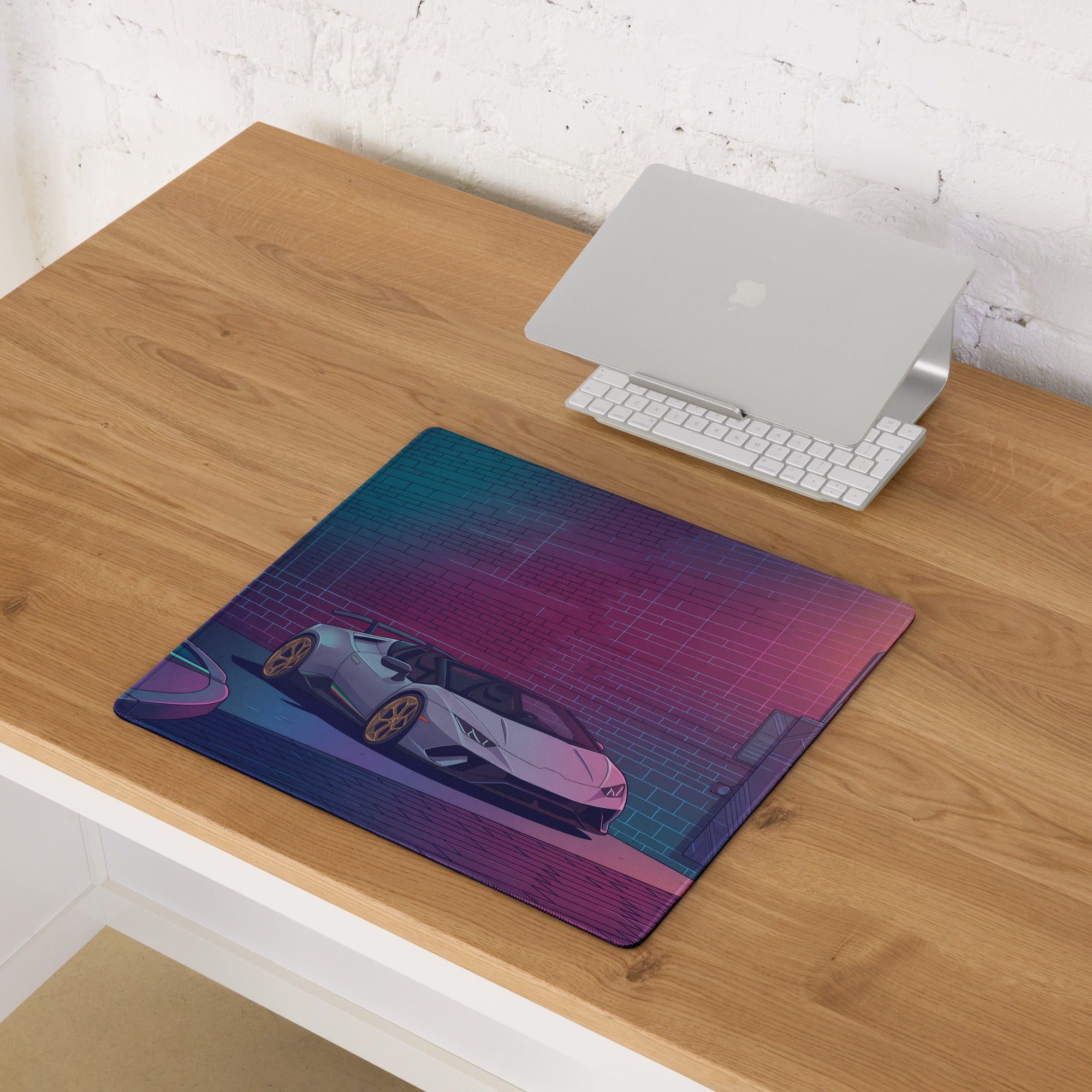 Lamborghini Huracán STO Inspired White Gold Vaporwave Gaming Mouse Pad – Neon Cyberpunk Alley Desk Mat with Retro Futuristic Synthwave Art