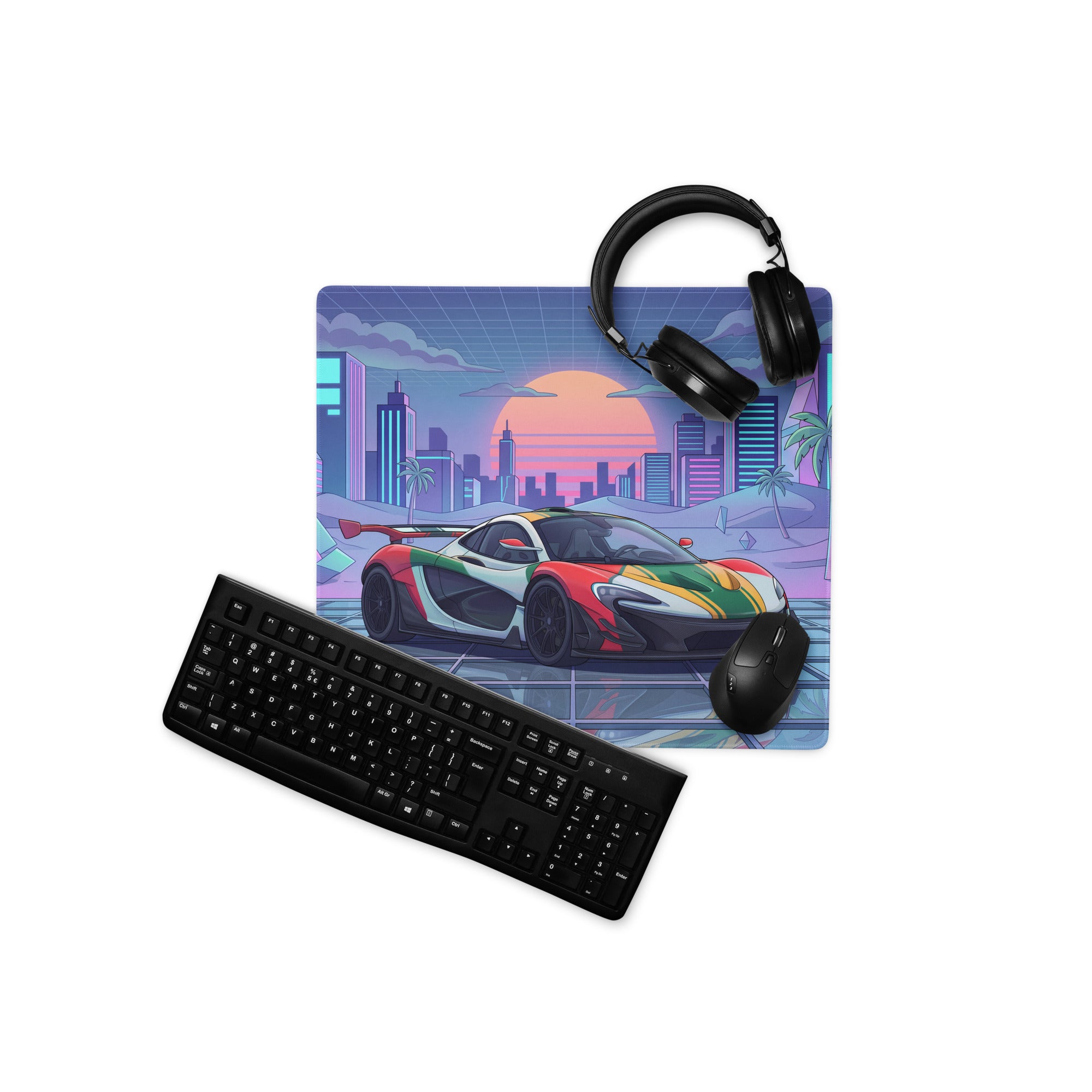 McLaren P1 GTR Inspired Red White Green Vaporwave Gaming Mouse Pad – Neon Retro Futuristic City Desk Mat with Synthwave Sunset and Crystal Art
