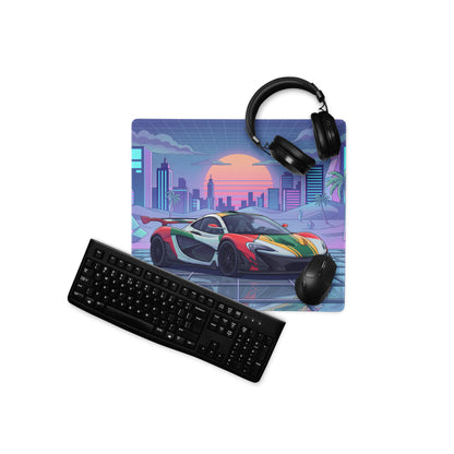 McLaren P1 GTR Inspired Red White Green Vaporwave Gaming Mouse Pad – Neon Retro Futuristic City Desk Mat with Synthwave Sunset and Crystal Art