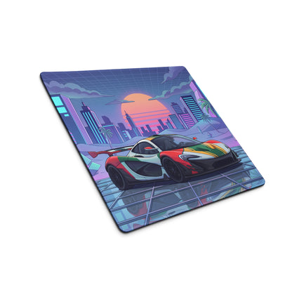 McLaren P1 GTR Inspired Red White Green Vaporwave Gaming Mouse Pad – Neon Retro Futuristic City Desk Mat with Synthwave Sunset and Crystal Art
