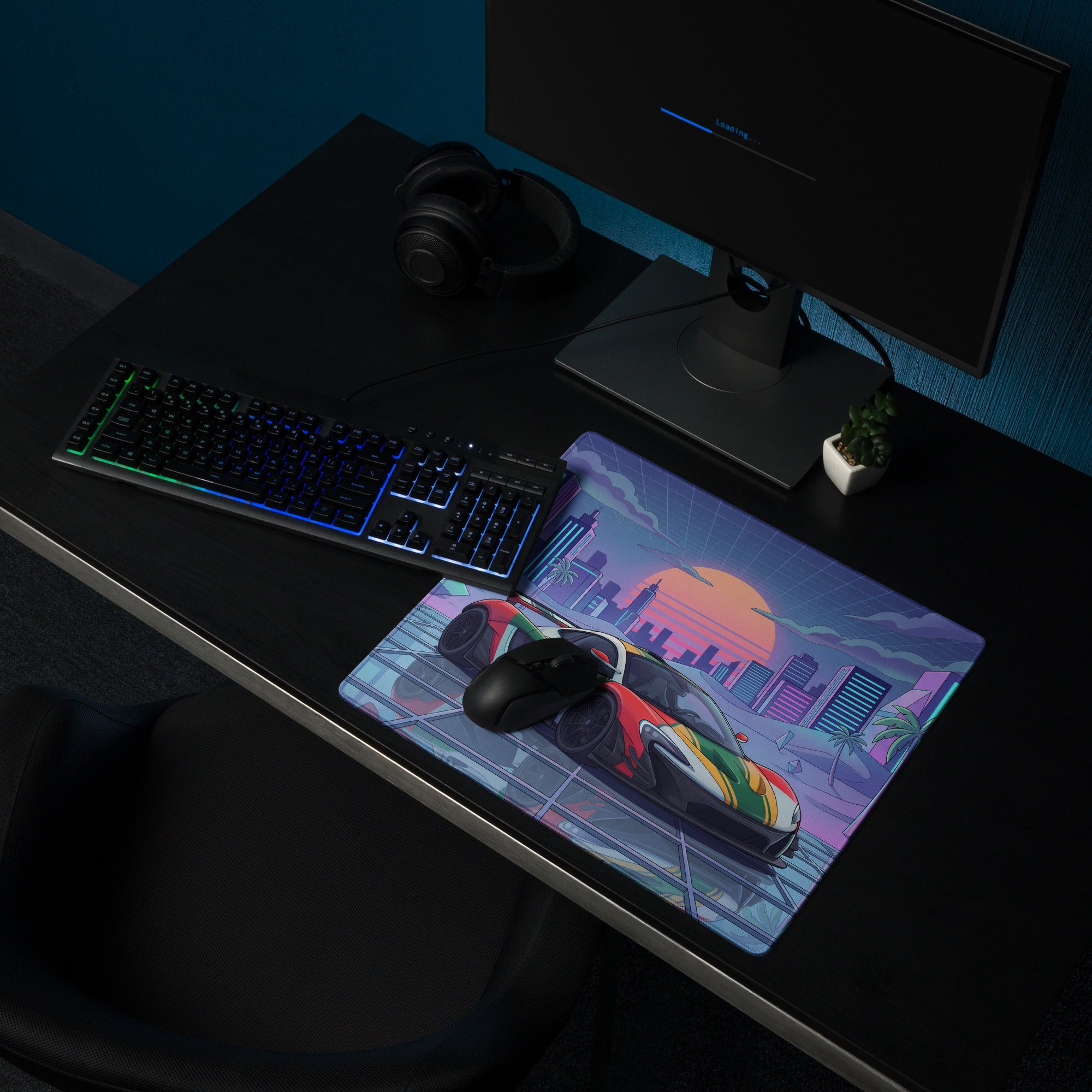 McLaren P1 GTR Inspired Red White Green Vaporwave Gaming Mouse Pad – Neon Retro Futuristic City Desk Mat with Synthwave Sunset and Crystal Art