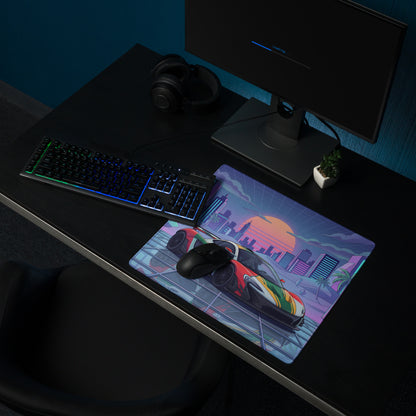 McLaren P1 GTR Inspired Red White Green Vaporwave Gaming Mouse Pad – Neon Retro Futuristic City Desk Mat with Synthwave Sunset and Crystal Art