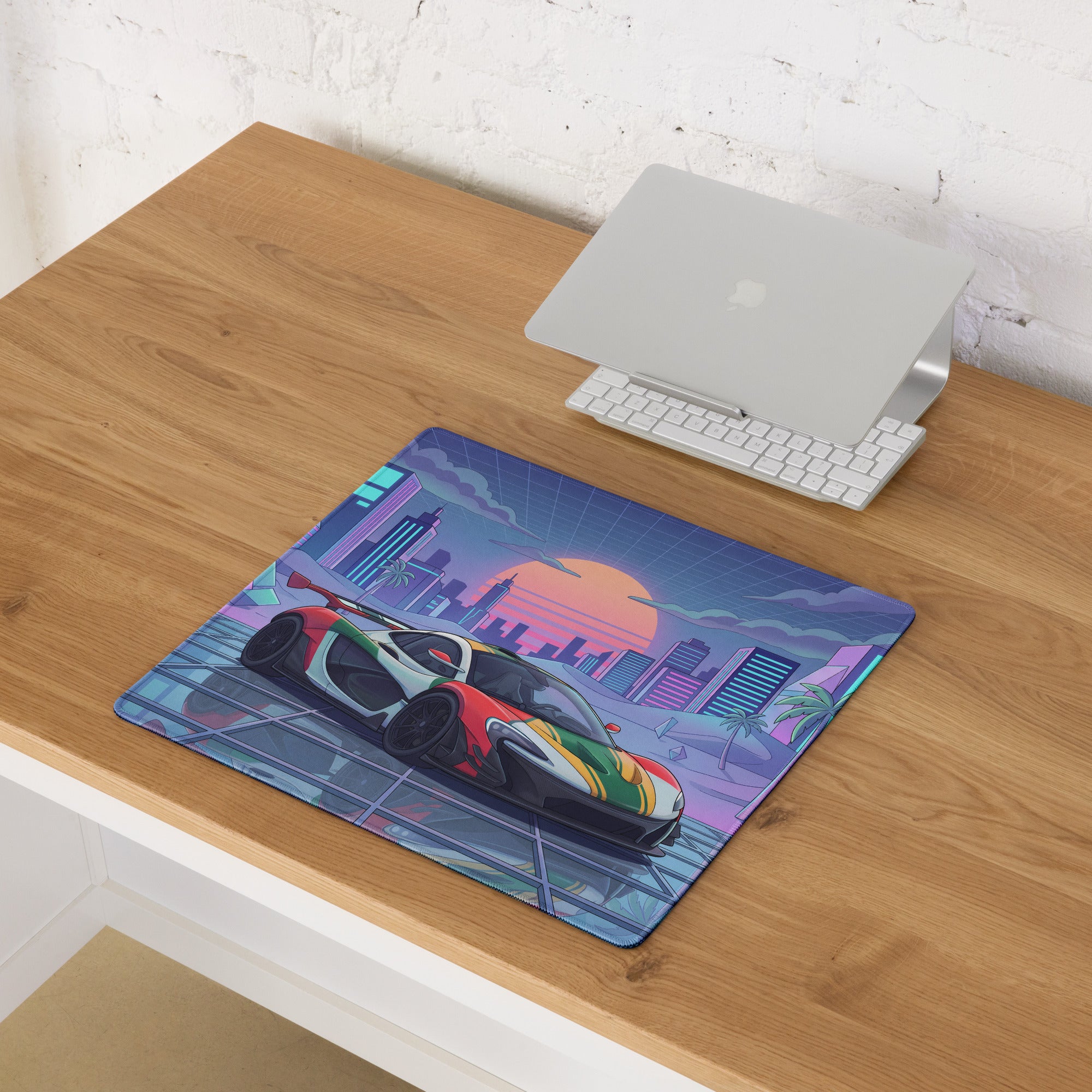 McLaren P1 GTR Inspired Red White Green Vaporwave Gaming Mouse Pad – Neon Retro Futuristic City Desk Mat with Synthwave Sunset and Crystal Art