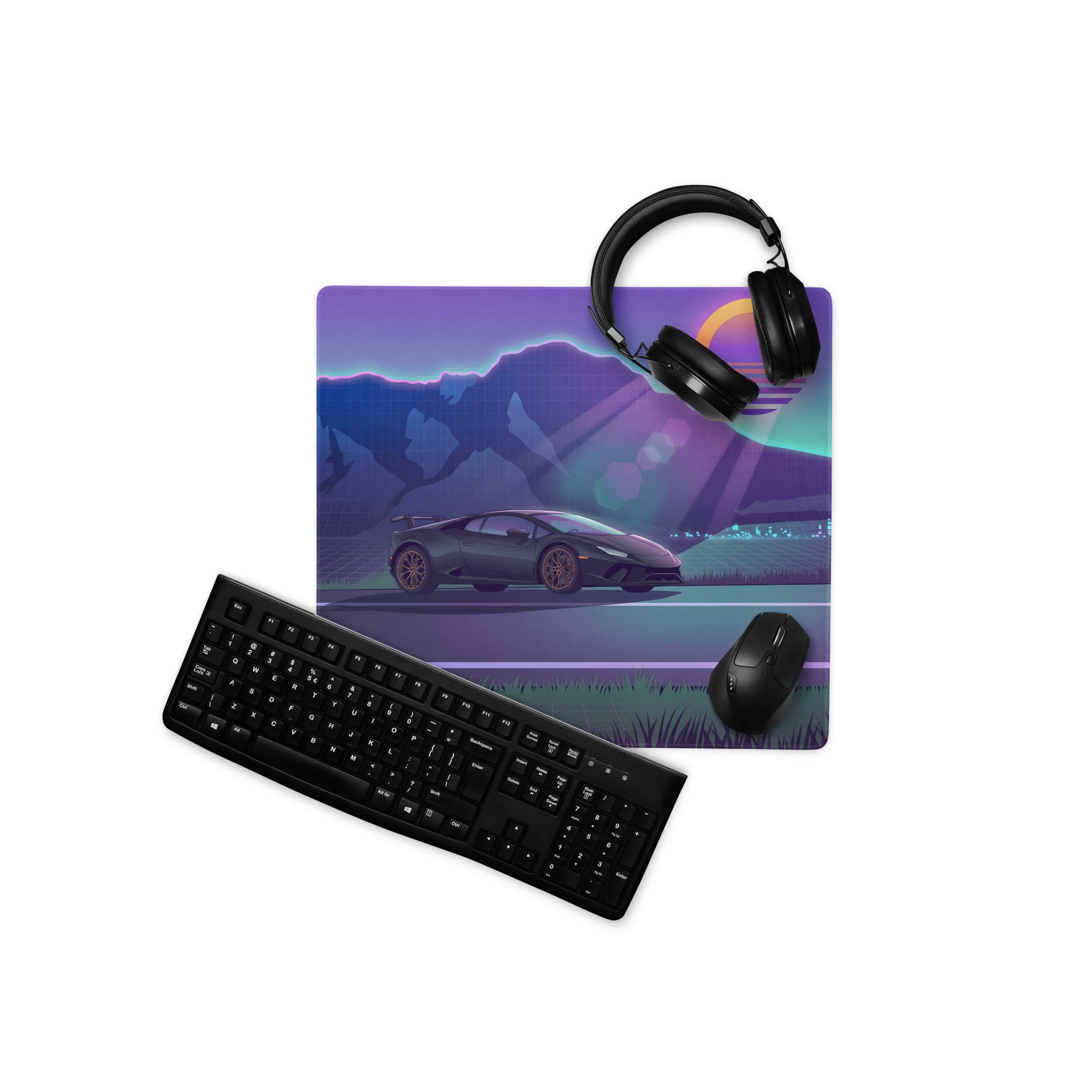 Lamborghini Huracán Performante Inspired Black Purple Vaporwave Gaming Mouse Pad – Neon Mountain Sunset Desk Mat with Retro Futuristic Synthwave Art