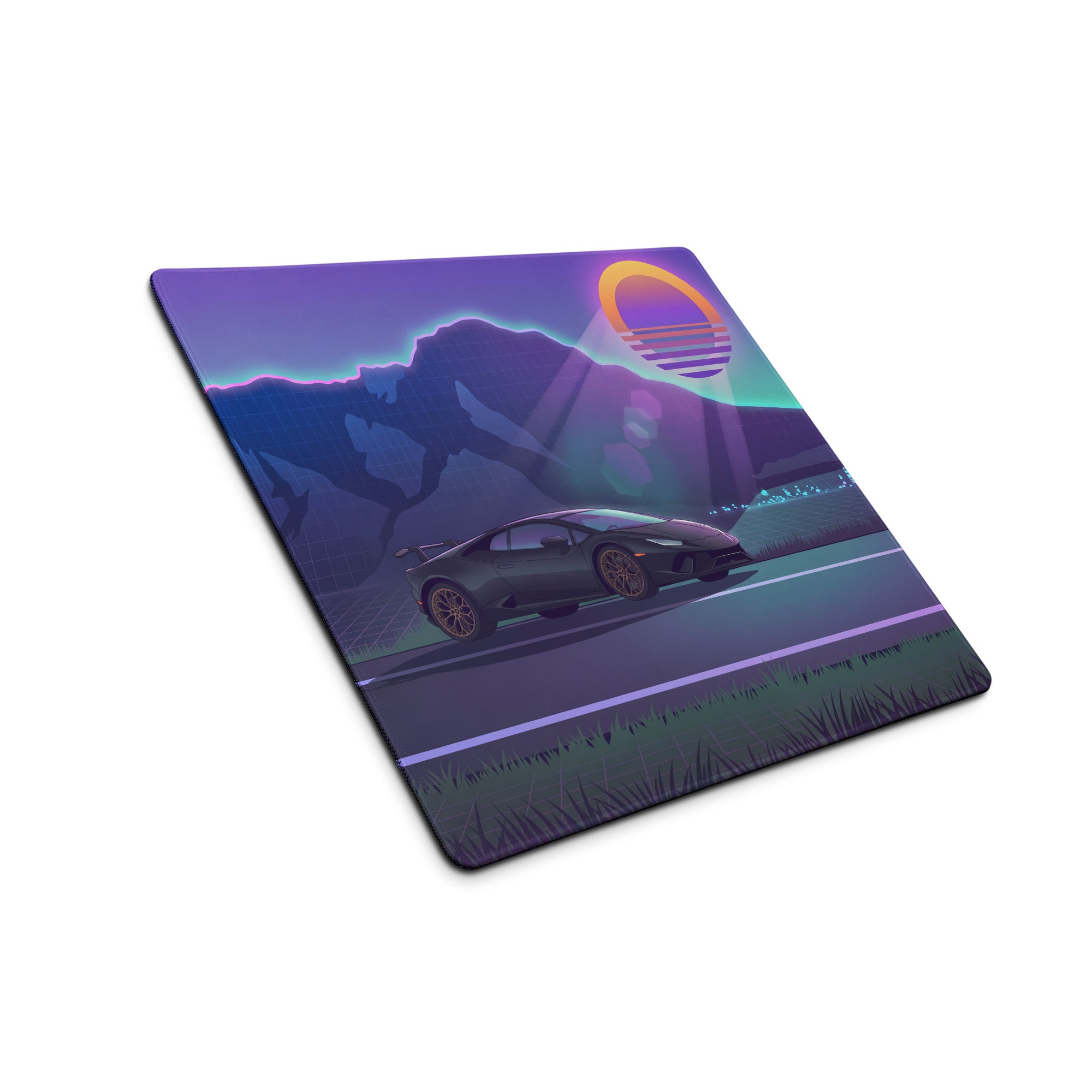 Lamborghini Huracán Performante Inspired Black Purple Vaporwave Gaming Mouse Pad – Neon Mountain Sunset Desk Mat with Retro Futuristic Synthwave Art