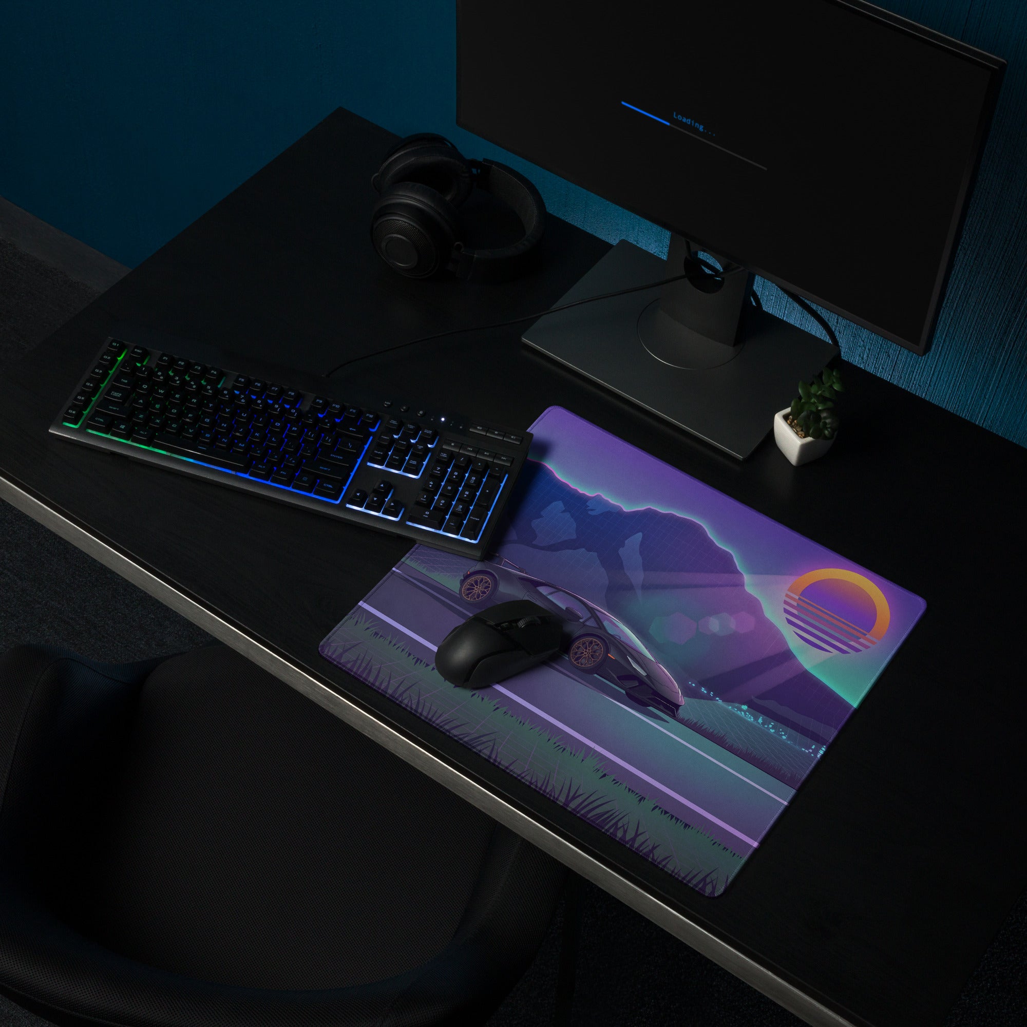 Lamborghini Huracán Performante Inspired Black Purple Vaporwave Gaming Mouse Pad – Neon Mountain Sunset Desk Mat with Retro Futuristic Synthwave Art