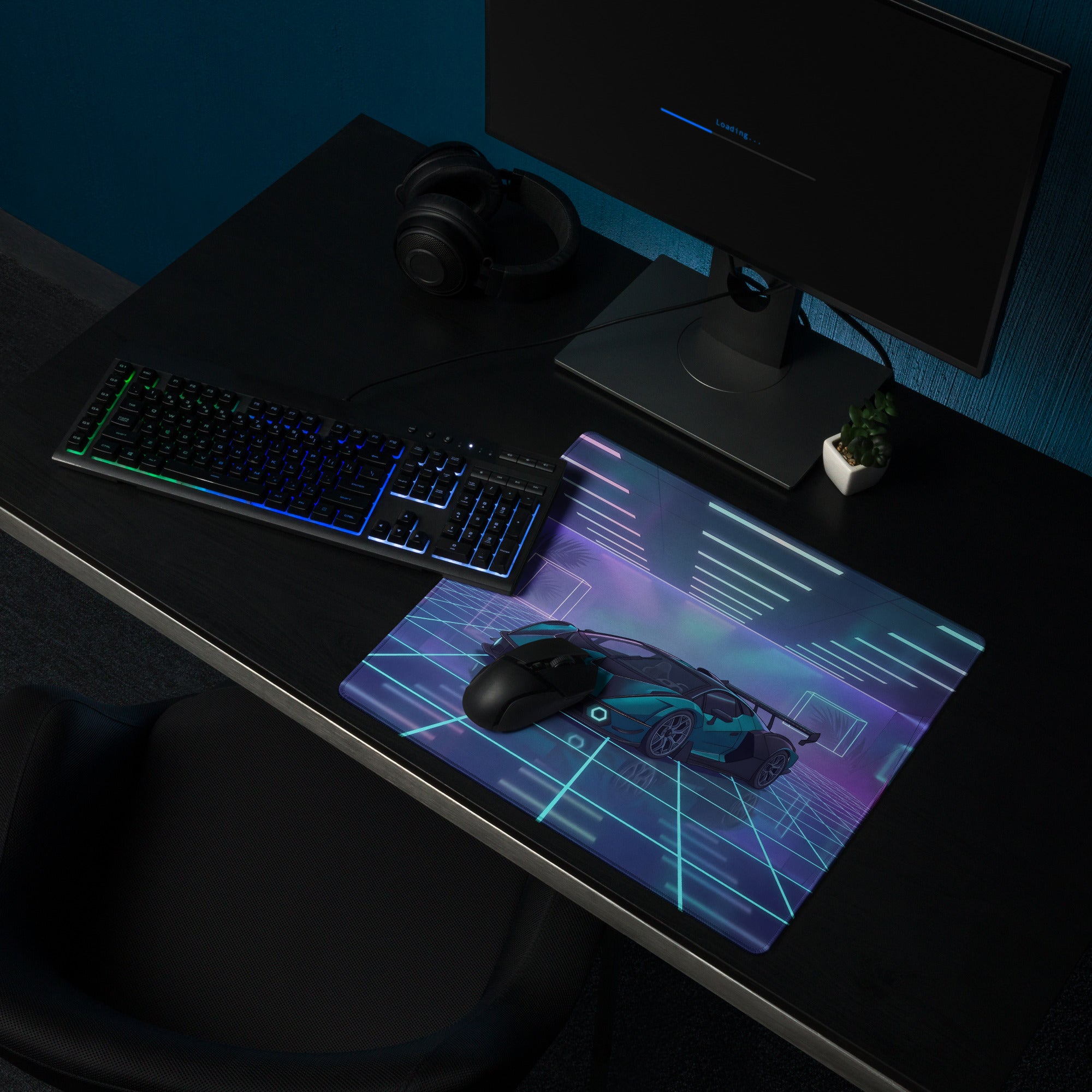 Lamborghini Essenza SCV12 Inspired Teal Black Vaporwave Gaming Mouse Pad – Neon Futuristic Garage Desk Mat with Cyberpunk Grid and Synthwave Art
