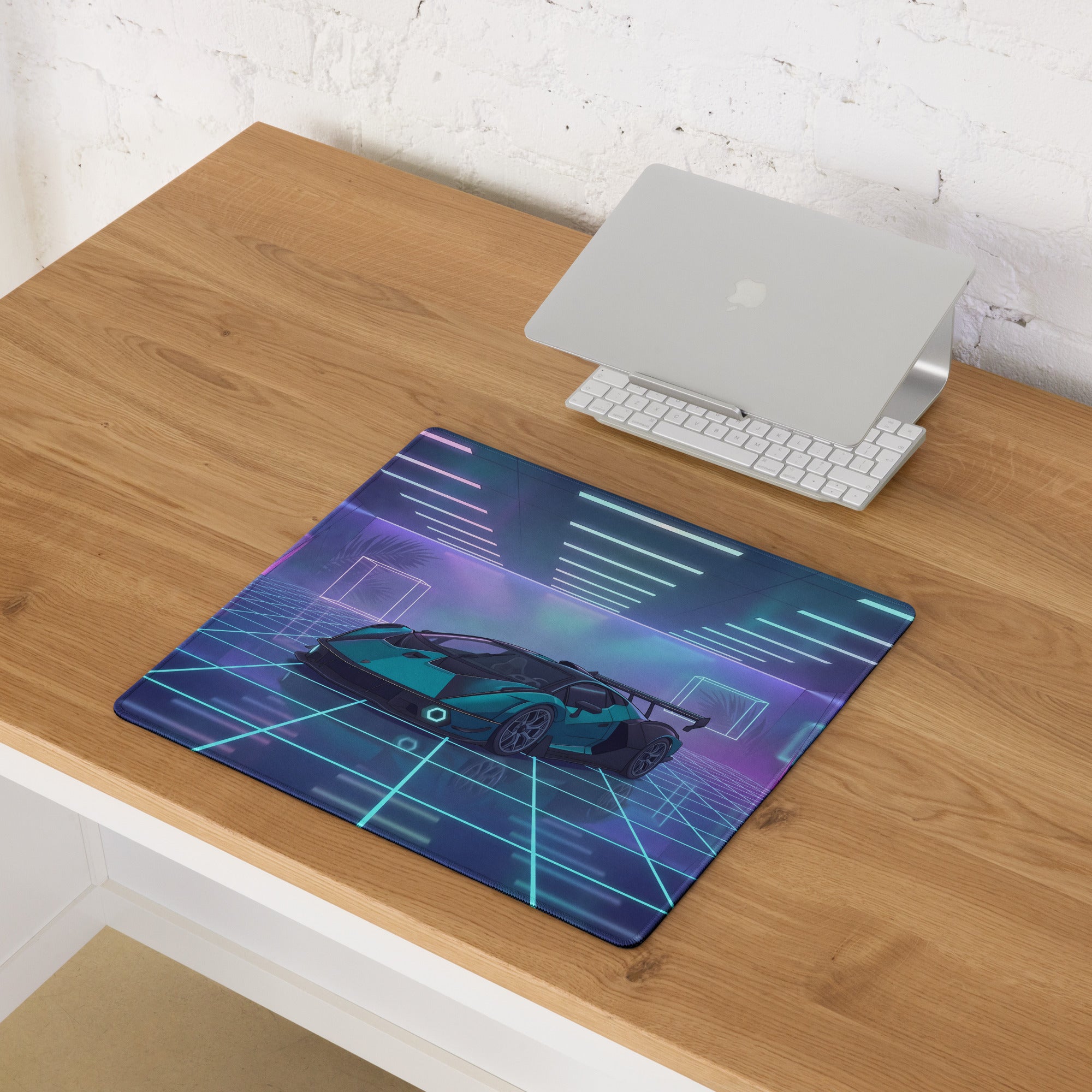 Lamborghini Essenza SCV12 Inspired Teal Black Vaporwave Gaming Mouse Pad – Neon Futuristic Garage Desk Mat with Cyberpunk Grid and Synthwave Art