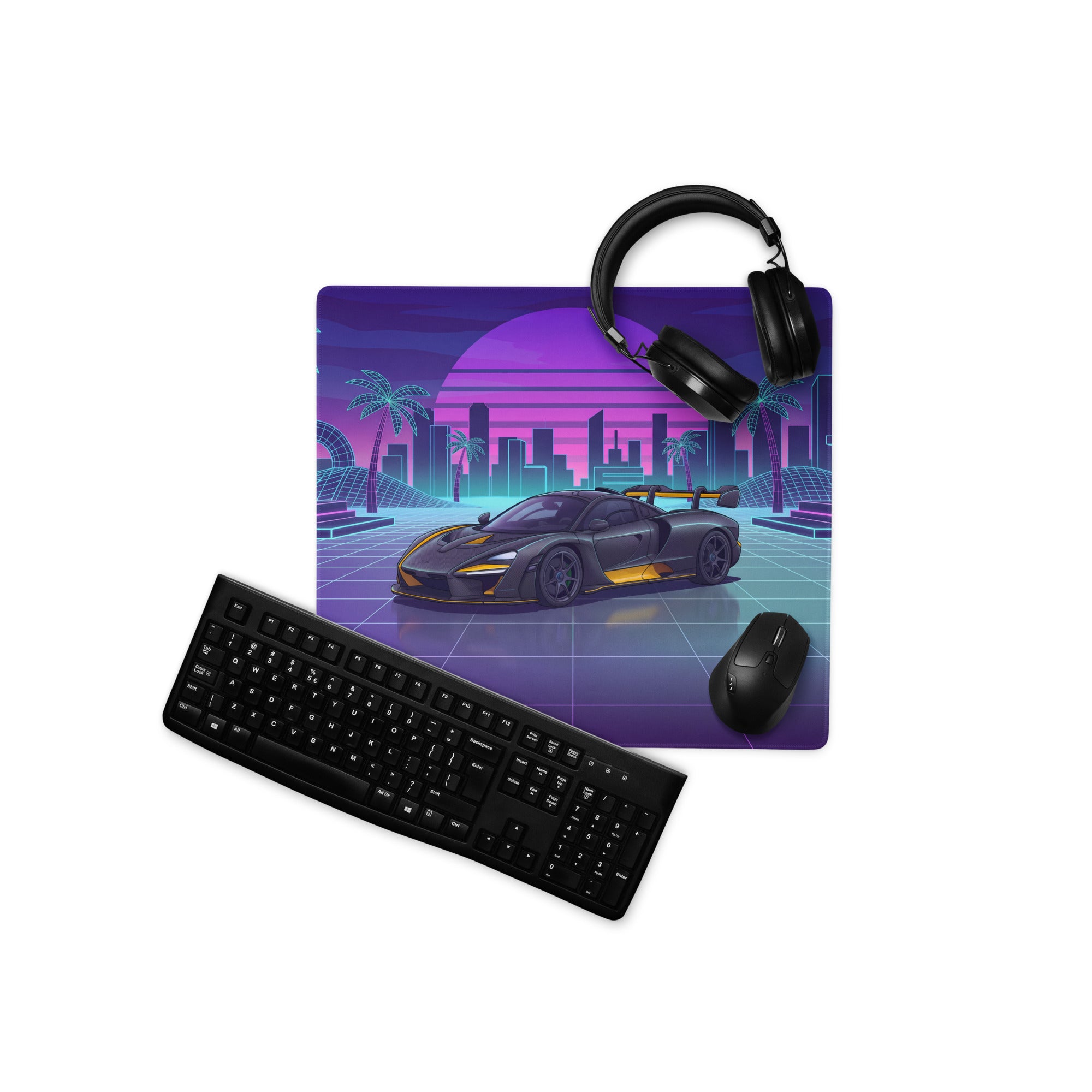 McLaren Senna Inspired Black Orange Vaporwave Gaming Mouse Pad – Neon Retro Futuristic City Desk Mat with Synthwave Sunset and Cyberpunk Grid Art