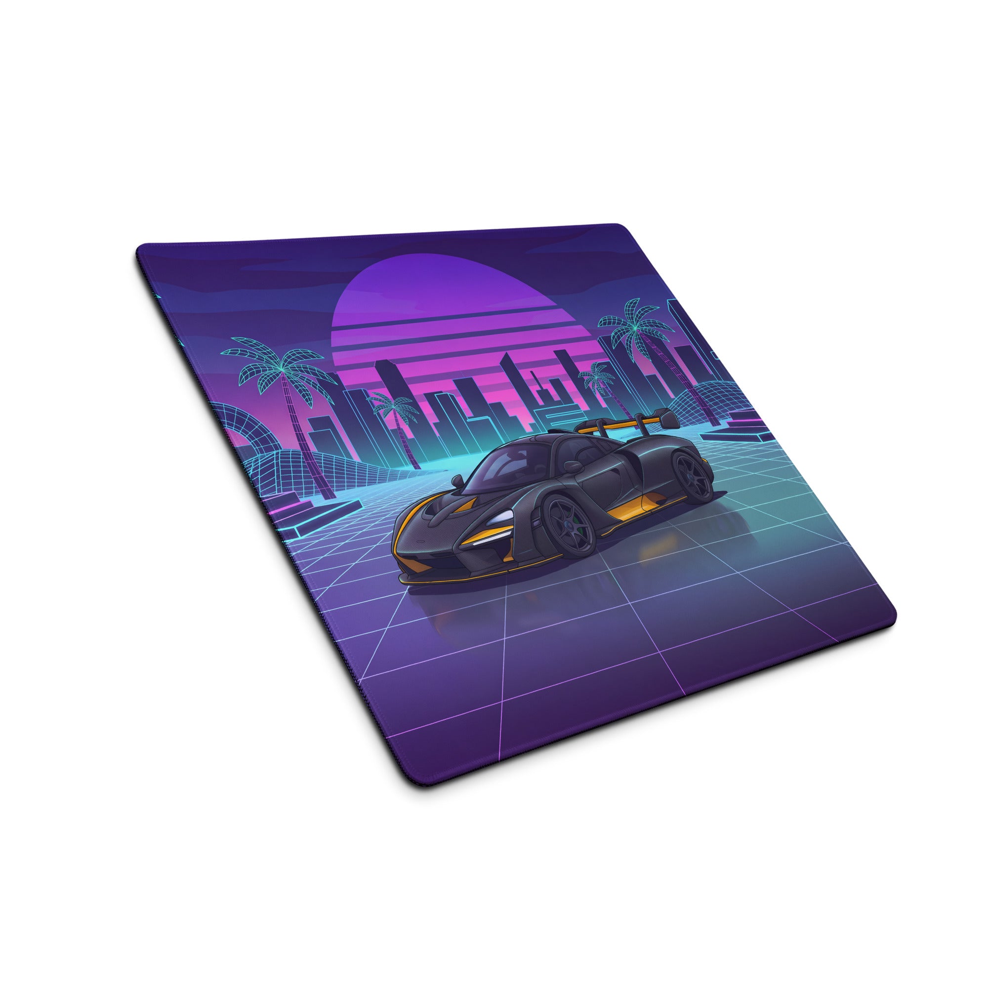 McLaren Senna Inspired Black Orange Vaporwave Gaming Mouse Pad – Neon Retro Futuristic City Desk Mat with Synthwave Sunset and Cyberpunk Grid Art