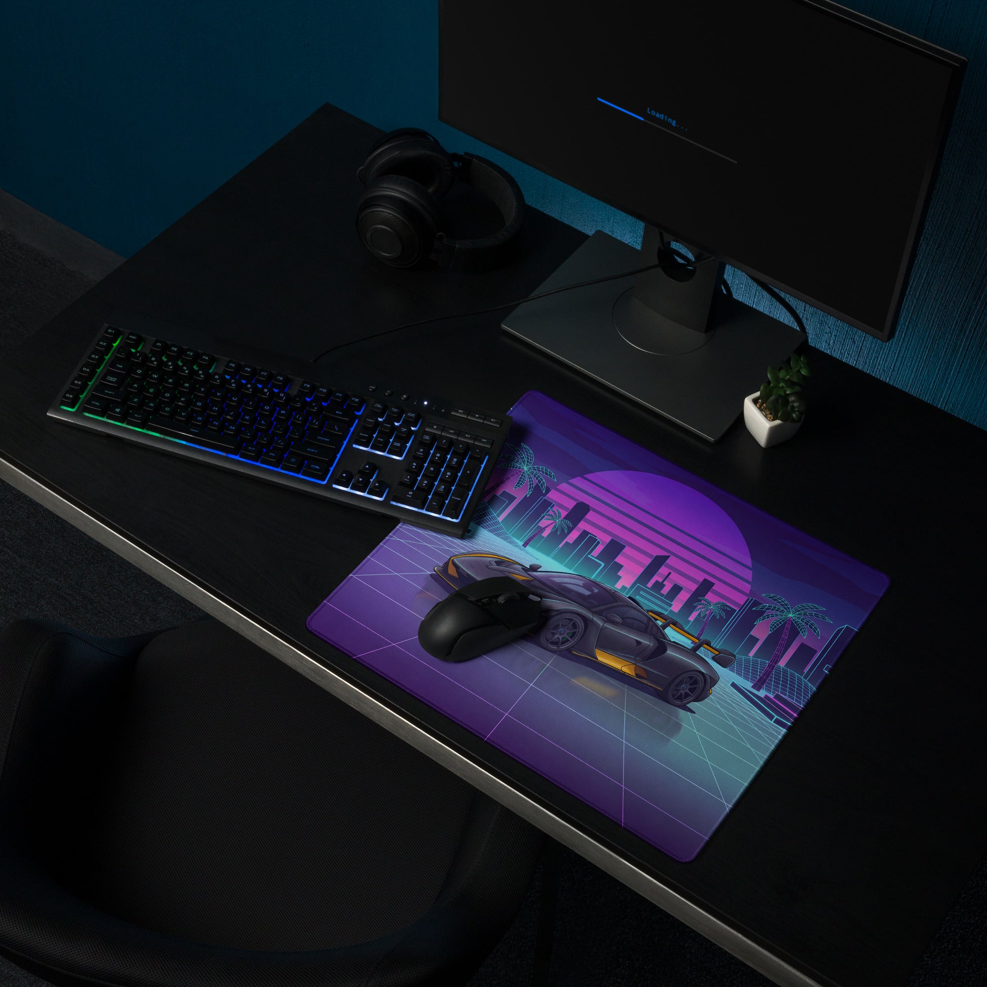 McLaren Senna Inspired Black Orange Vaporwave Gaming Mouse Pad – Neon Retro Futuristic City Desk Mat with Synthwave Sunset and Cyberpunk Grid Art