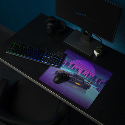 McLaren Senna Inspired Black Orange Vaporwave Gaming Mouse Pad – Neon Retro Futuristic City Desk Mat with Synthwave Sunset and Cyberpunk Grid Art