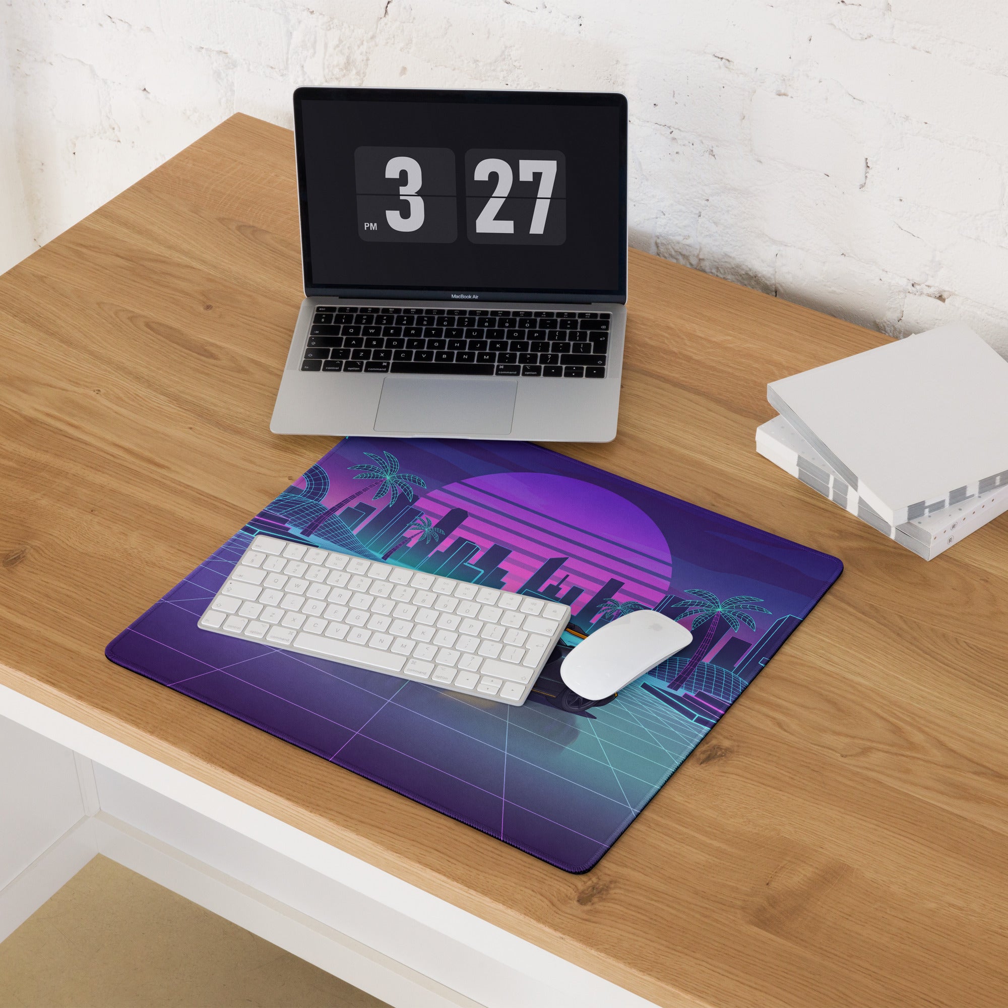 McLaren Senna Inspired Black Orange Vaporwave Gaming Mouse Pad – Neon Retro Futuristic City Desk Mat with Synthwave Sunset and Cyberpunk Grid Art
