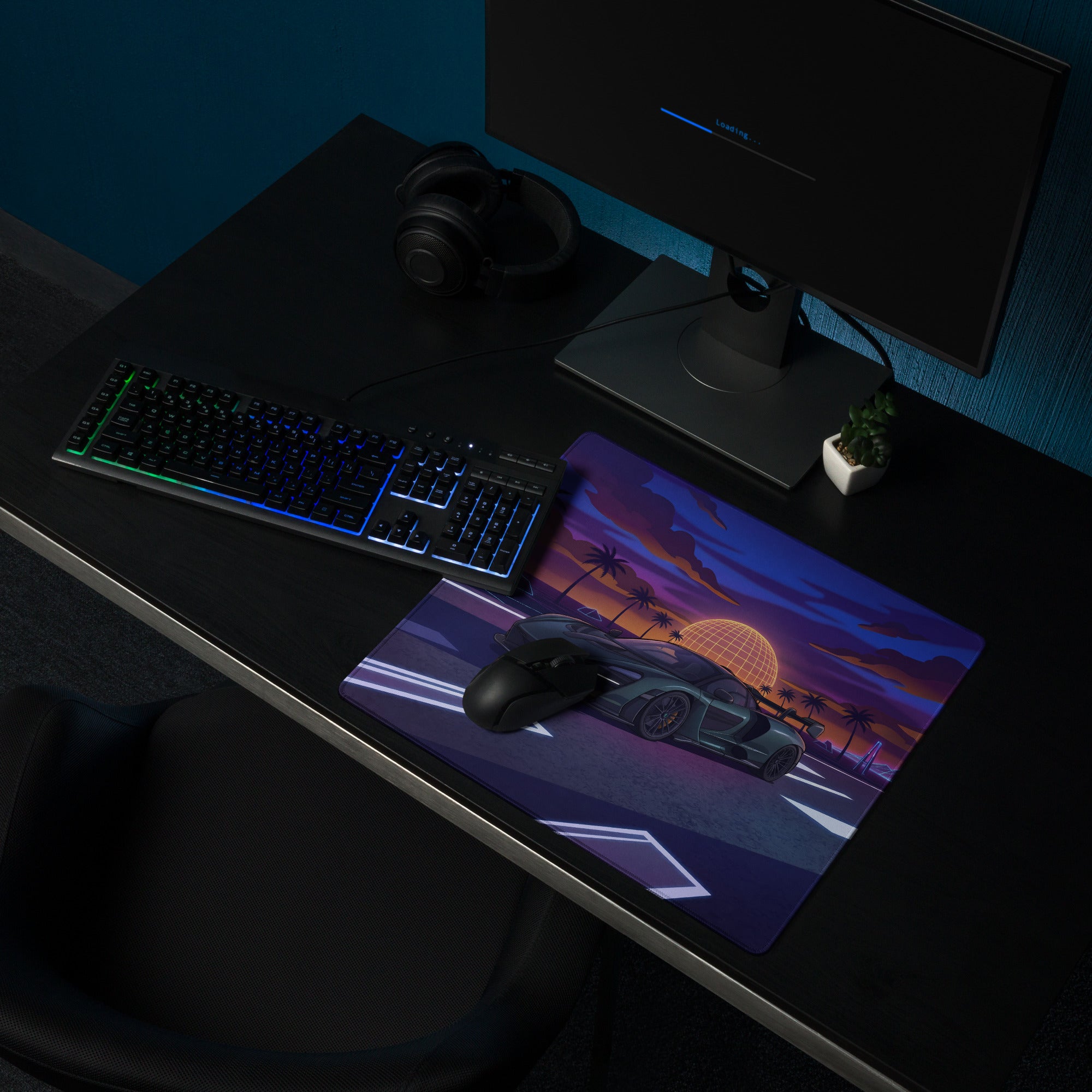 McLaren Senna Inspired Black Purple Vaporwave Gaming Mouse Pad – Neon Palm Highway Desk Mat with Retro Futuristic Synthwave Sunset Art