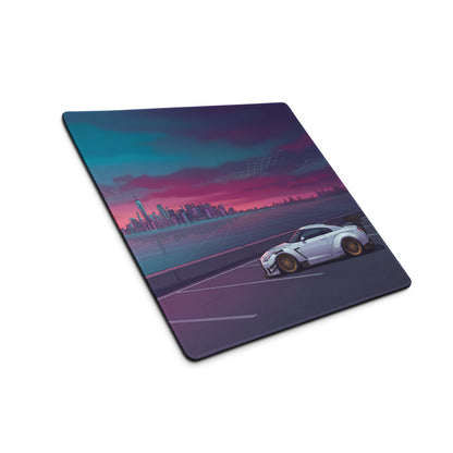 Nissan GT-R R35 Inspired White Purple Vaporwave Gaming Mouse Pad – Neon Waterfront Skyline Desk Mat with Retro Futuristic Synthwave City Art