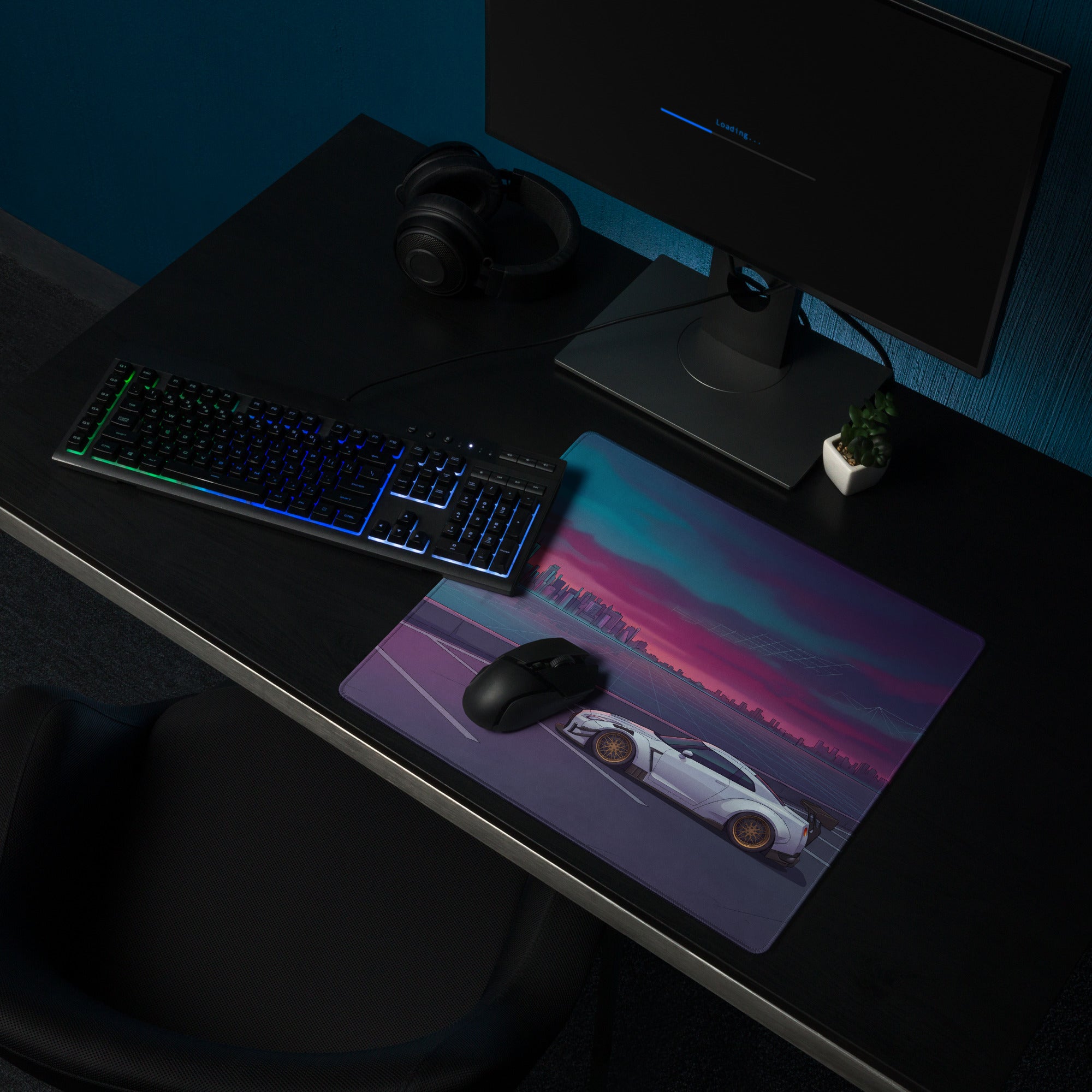 Nissan GT-R R35 Inspired White Purple Vaporwave Gaming Mouse Pad – Neon Waterfront Skyline Desk Mat with Retro Futuristic Synthwave City Art