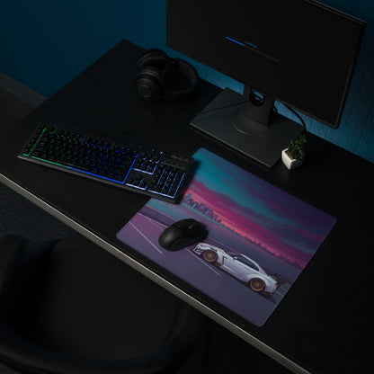Nissan GT-R R35 Inspired White Purple Vaporwave Gaming Mouse Pad – Neon Waterfront Skyline Desk Mat with Retro Futuristic Synthwave City Art