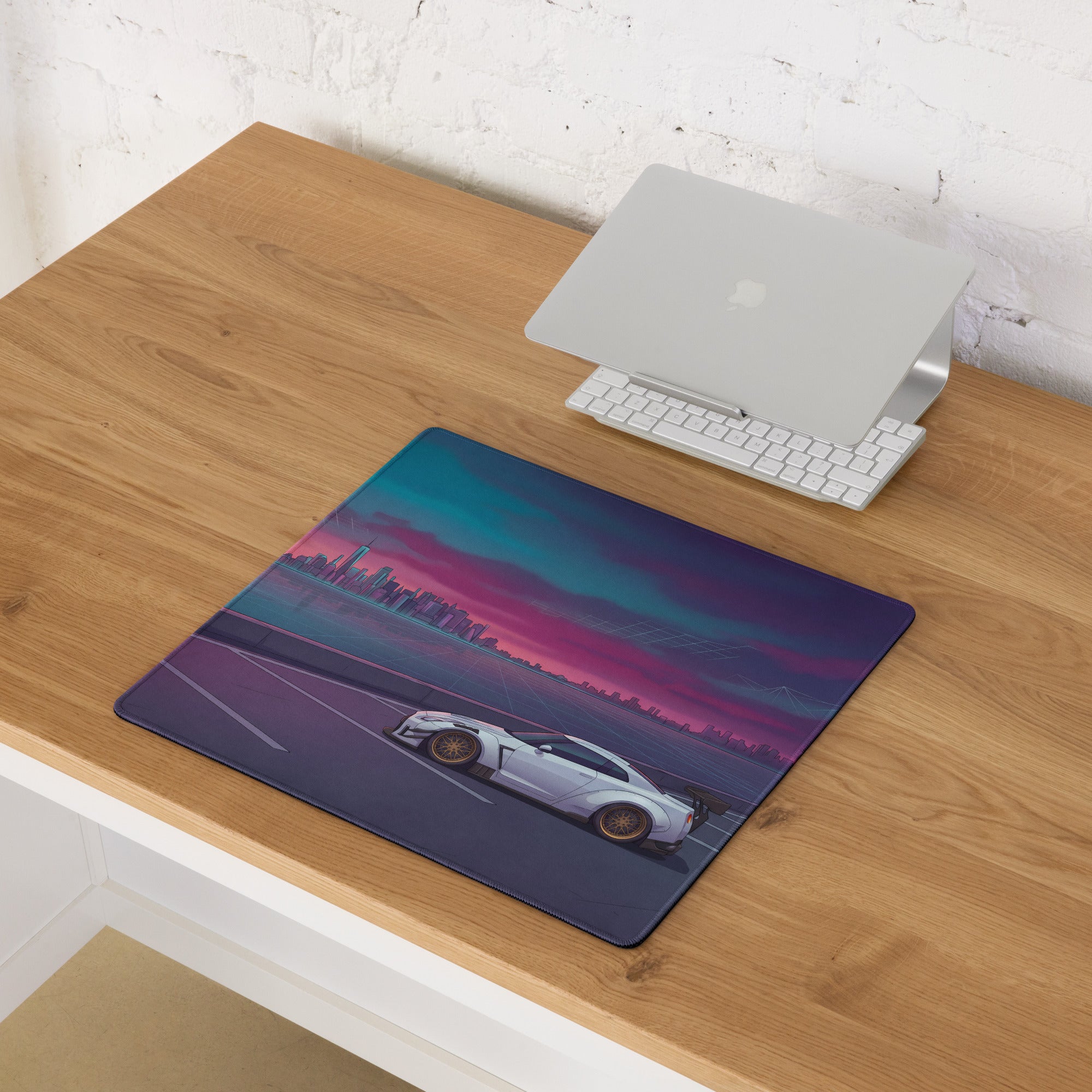 Nissan GT-R R35 Inspired White Purple Vaporwave Gaming Mouse Pad – Neon Waterfront Skyline Desk Mat with Retro Futuristic Synthwave City Art