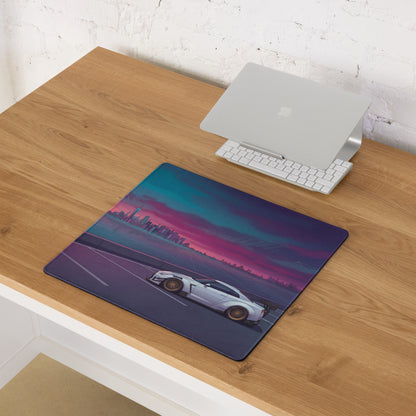 Nissan GT-R R35 Inspired White Purple Vaporwave Gaming Mouse Pad – Neon Waterfront Skyline Desk Mat with Retro Futuristic Synthwave City Art