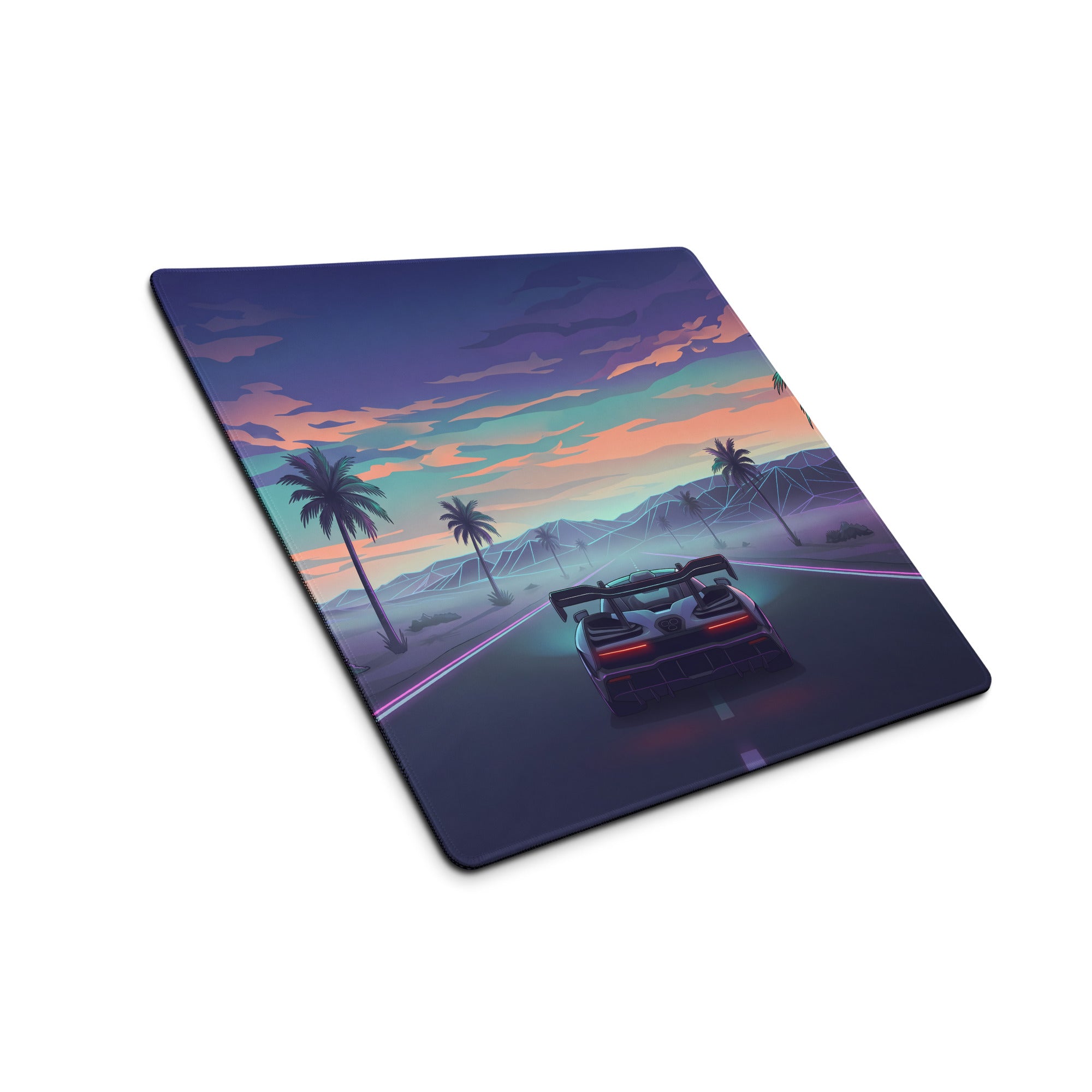 McLaren Senna Inspired Silver Purple Vaporwave Gaming Mouse Pad – Neon Palm Tree Highway Desk Mat with Dreamy Retro Futuristic Sunset Art